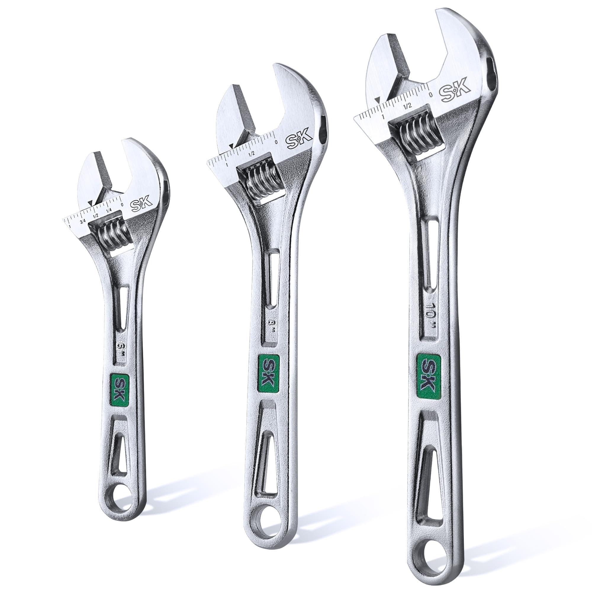 SK 3-Piece Adjustable Wrench Set, 6-Inch, 8-Inch, 10-Inch, Cr-V Steel, SAE & Metric Scales