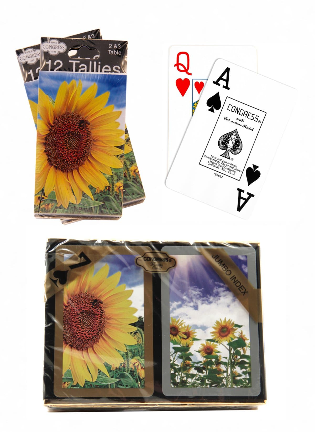 Bundle – 3 items: 1 Congress Playing Cards Sunflower Bridge (2 Decks), with 2 Packs (12 Each Pack) Tallies, Jumbo Index