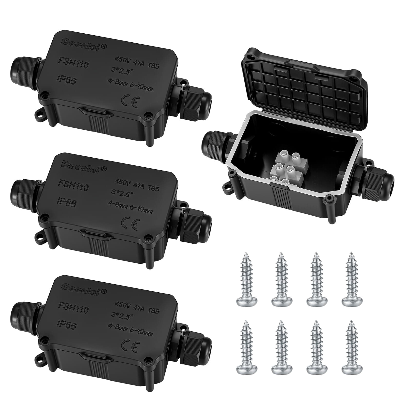 4 Pcs IP66 Waterproof Junction Boxes, 2-Way Outdoor Electrical Connectors, Black Extension Connectors with PG9 Glands for Ø3mm-8mm & Ø6mm-10mm Cable