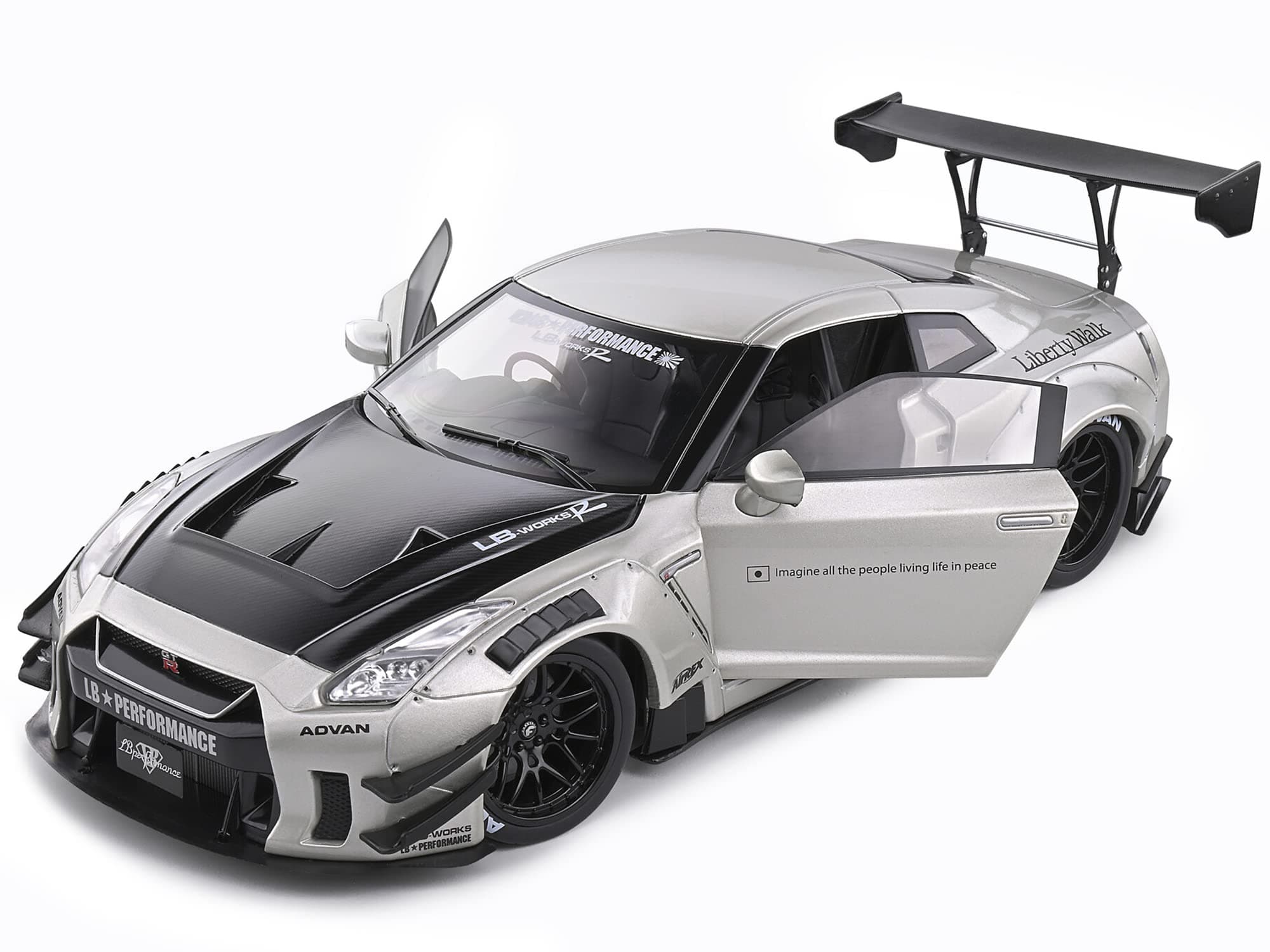 2020 GT-R (R35) RHD (Right Hand Drive) Liberty Walk Body Kit Pearl Gray Metallic with Carbon Hood 1/18 Diecast Model Car by Solido S1805802