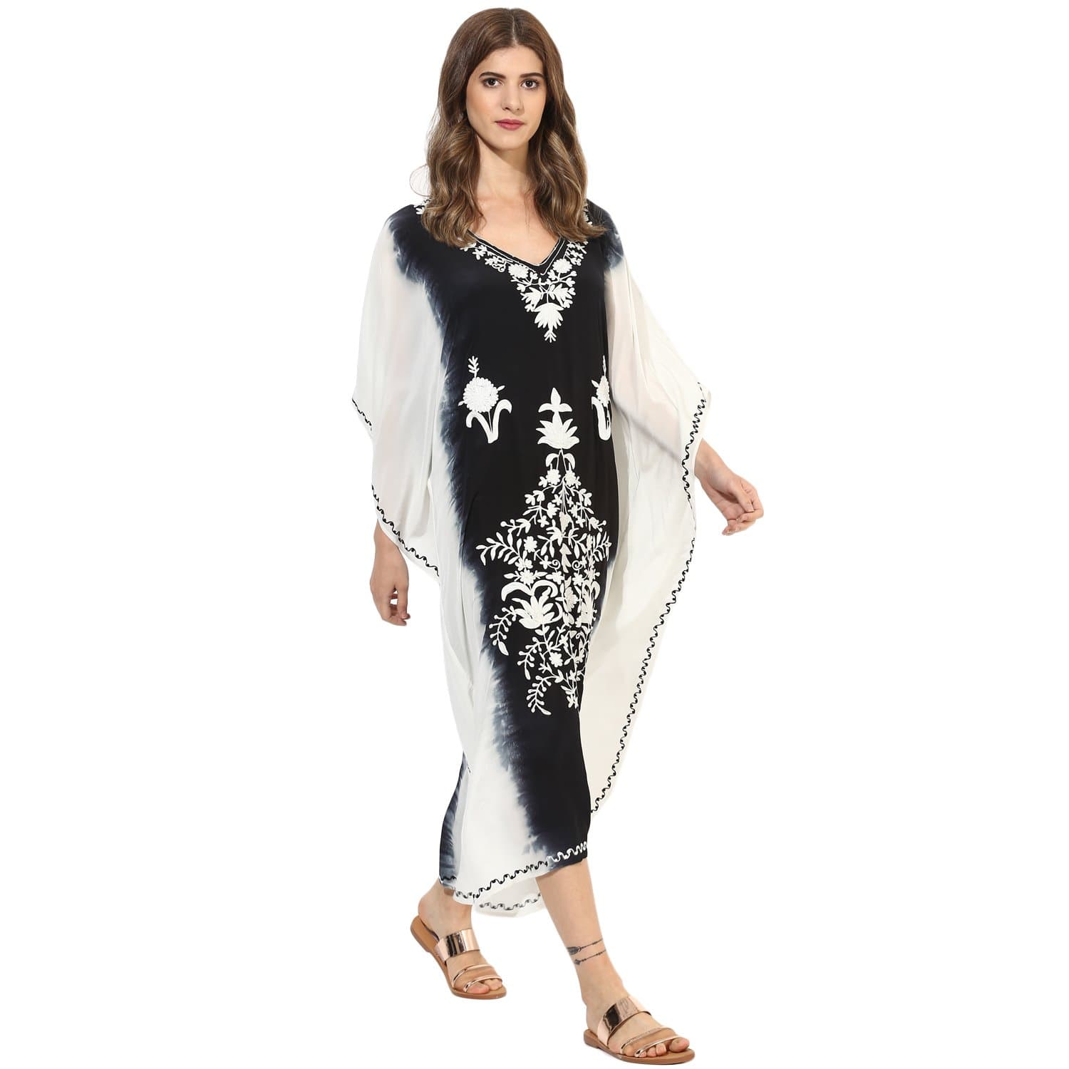 CRAFTBAZAR Women's 100% Pure Crepe Silk Boho Embroidered Kaftan (Free Size) Black