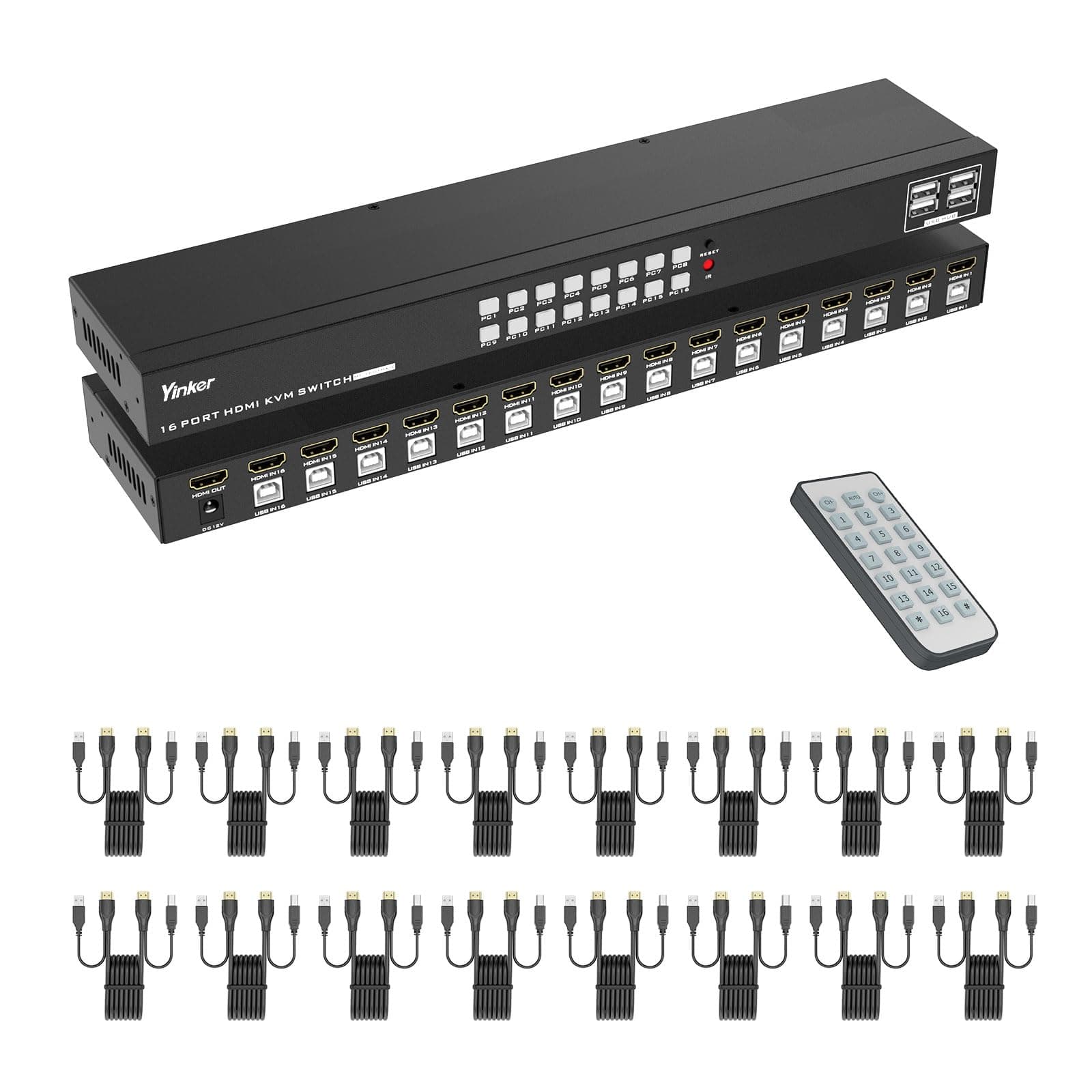 16 Port KVM Switch HDMI, 4K@30Hz HDMI Rack Mount KVM Switch w/ 16 Pcs KVM Cables, Support 4 USB 2.0 Devices & HDCP 2.2 & Remote Control for 16 Computers/Servers