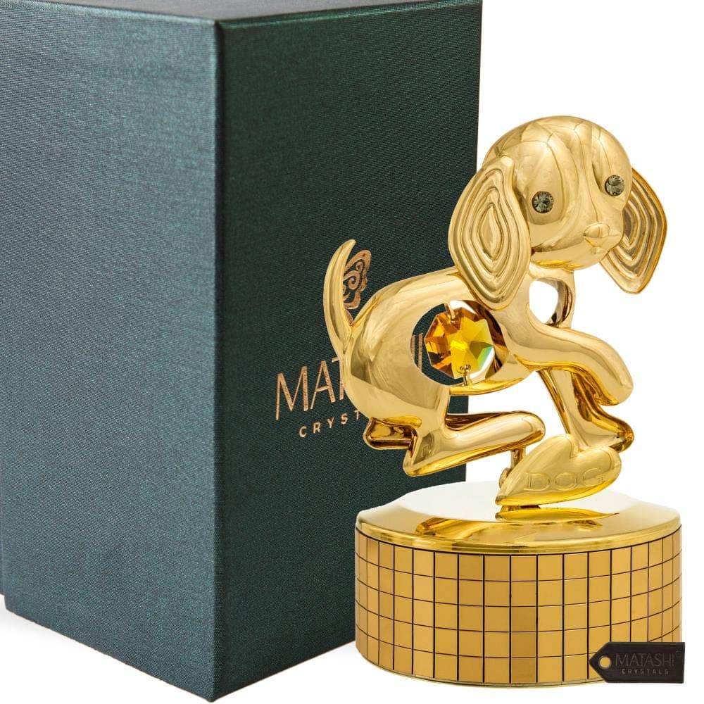 24K Gold Plated Puppy Dog Music Box – Plays ‘Memory’ – Gold Tabletop Ornament with Crystals – Ideal for Mother’s Day, Birthday, Christmas, New Year - Gift for Mom, Wife, Musician