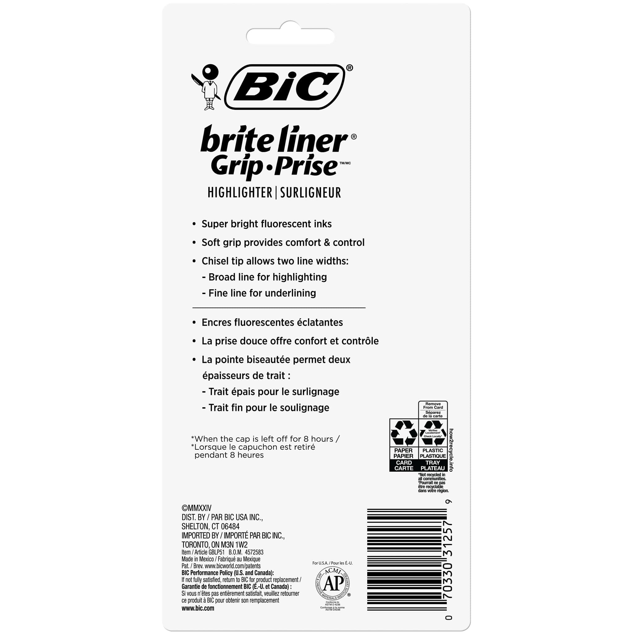 BIC Brite Liner Grip Highlighter, Chisel Tip, Assorted Colors, 5-Count