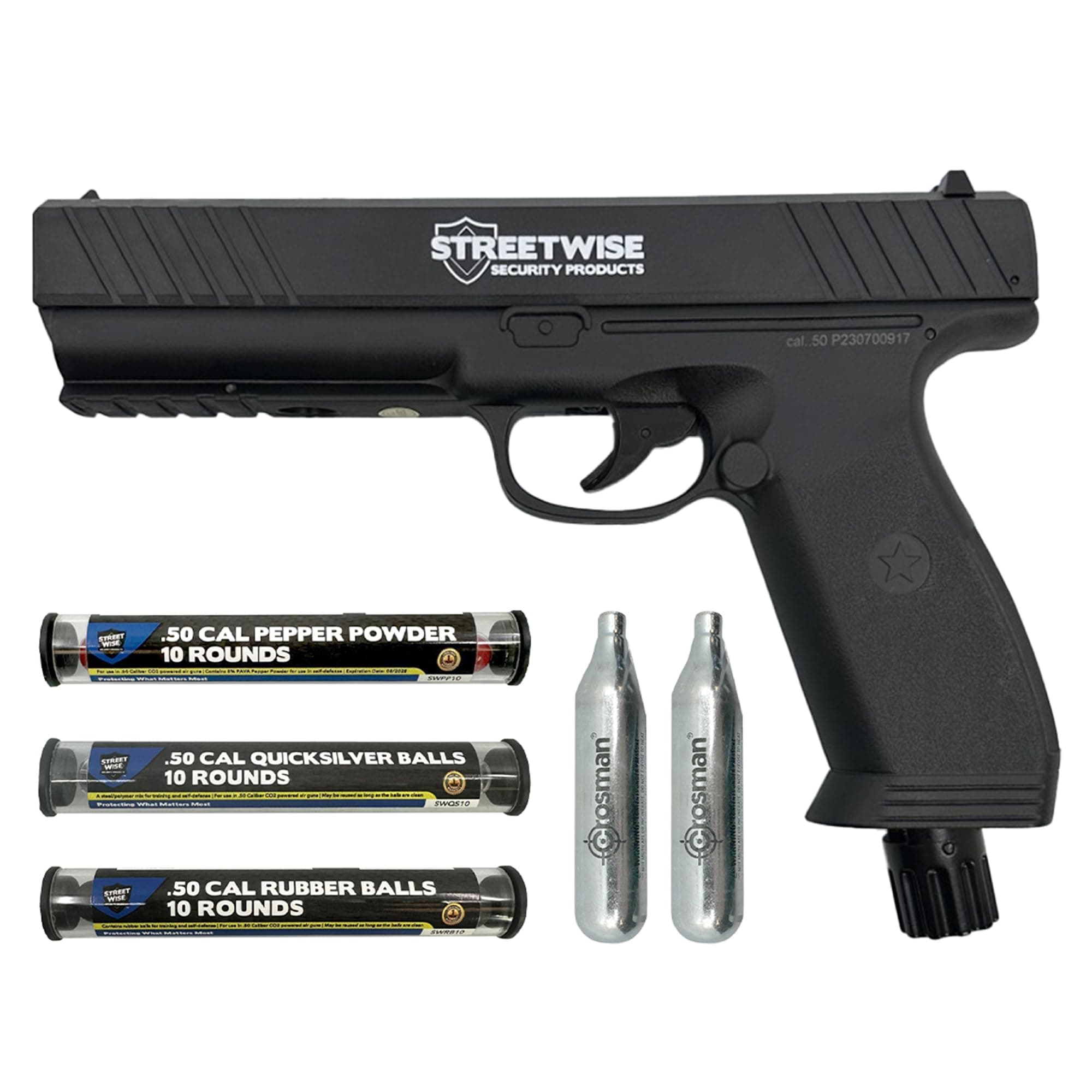 Streetwise Heat .50 Caliber Defense Launcher, Kinetic Impact Ball Gun - Personal Protection Pistol Includes 10 Rubber Balls, 10 Quicksilver Metal Composite Rounds, & 2 CO2 Canisters
