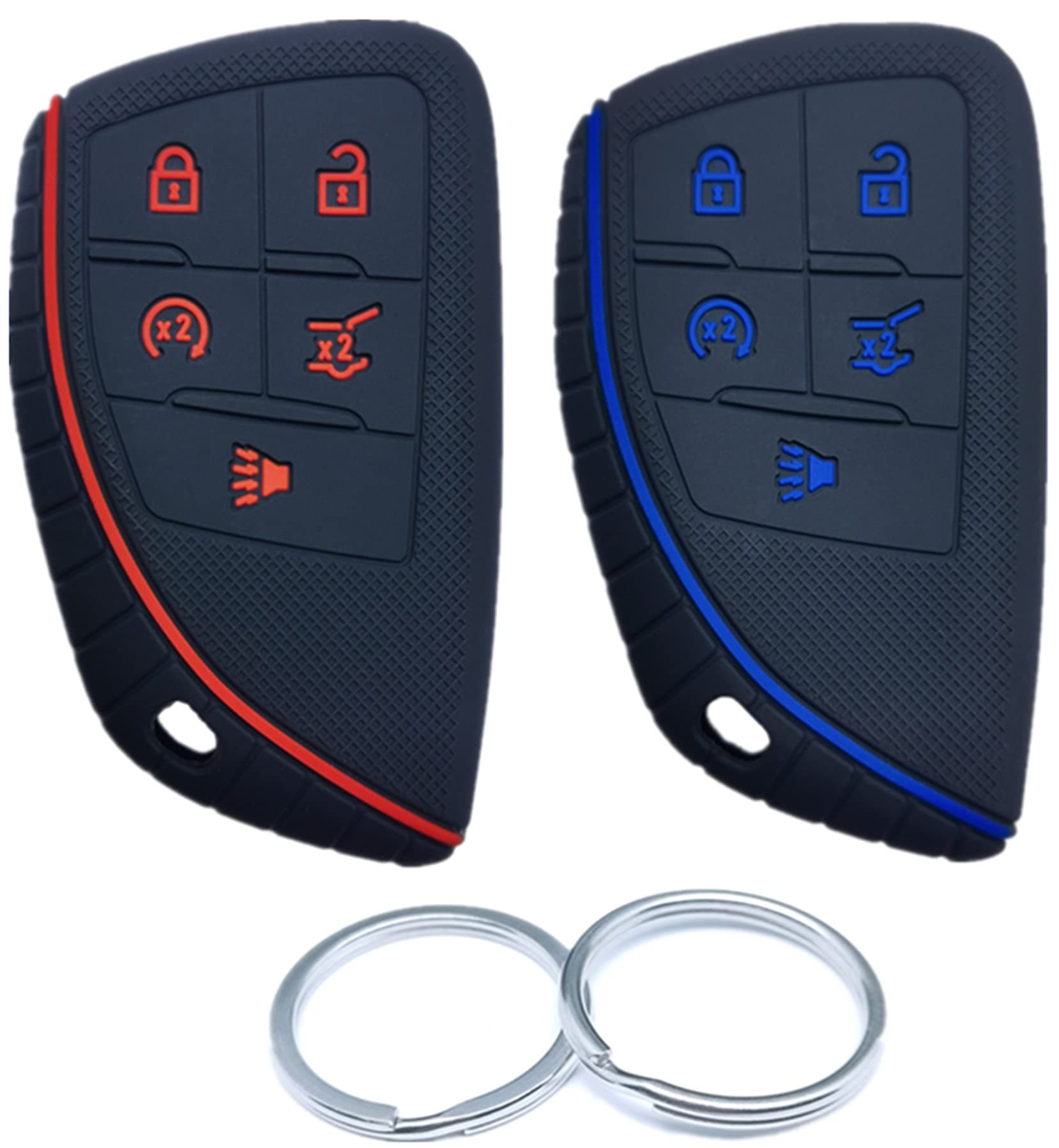 RUNZUIE 2Pcs 5 Buttons Silicone Smart Remote Key Fob Cover Compatible with 2022 2021 2020 Chevy Chevrolet Suburban Tahoe Corvette GMC Yukon Black with Red/Blue