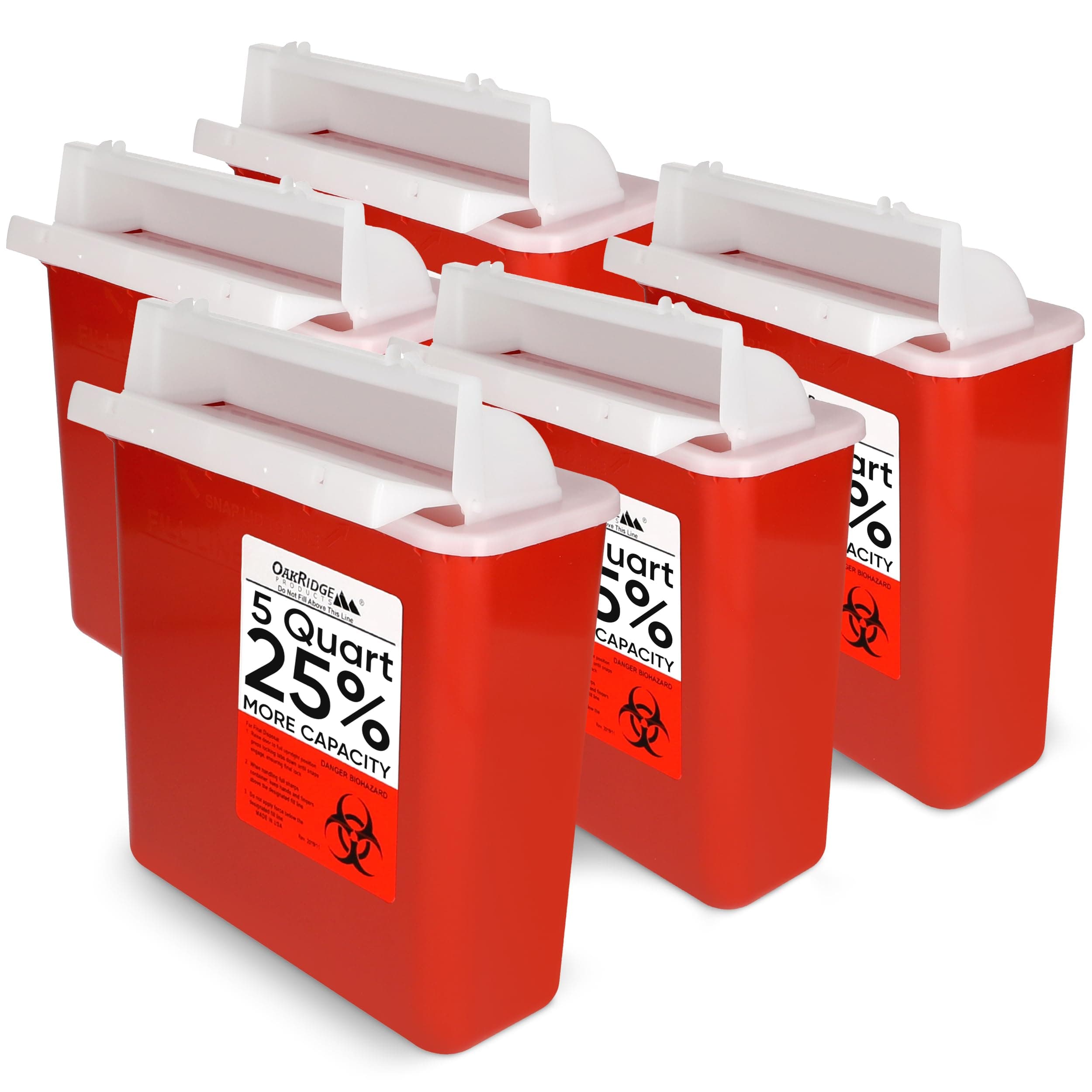 Sharps Container for Home Use and Professional 5 Quart (5-Pack), Biohazard Needle and Syringe Disposal, Mailbox Style Lid, CDC Certified