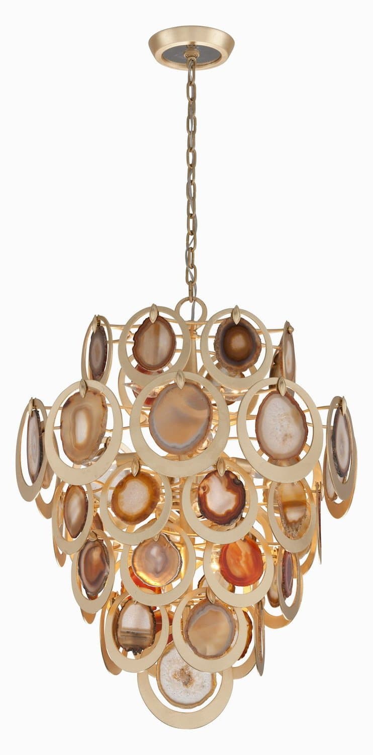 Gold Leaf Rockstar 10 Light Pendant with Hand-Crafted Metal Frame and Natural Agate Stones Diffuser