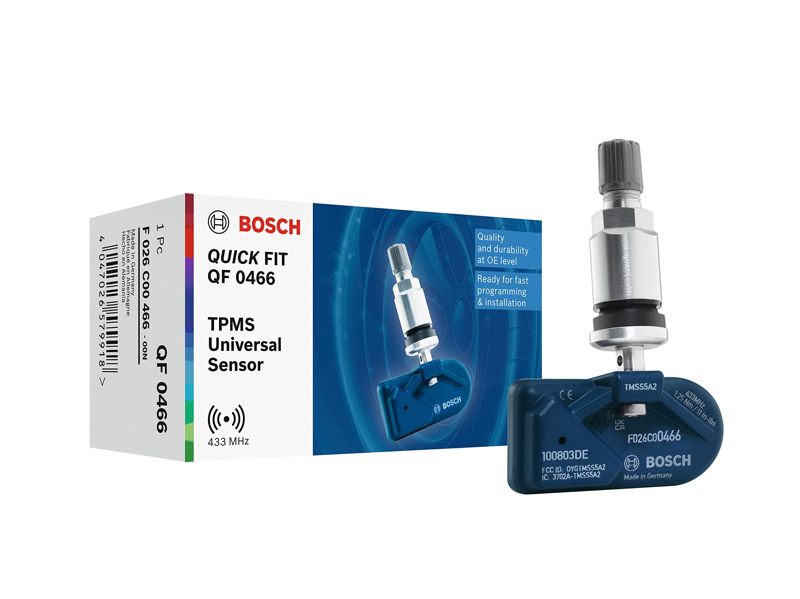 Bosch F026C00466 - QF0466 - Programmable QUICK FIT TPMS Sensor - Tire Pressure Sensor with Silver Metal Valve - 433.92 MHz