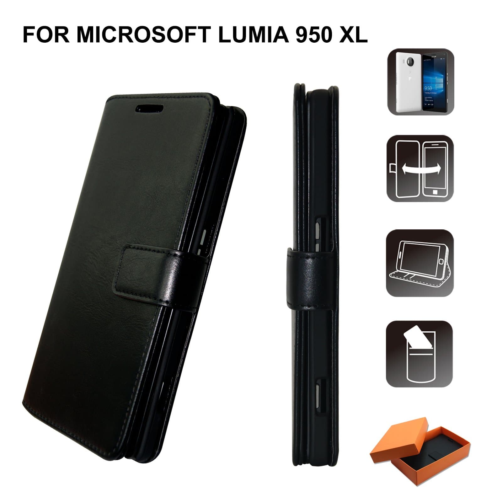 OZBO Black - Microsoft Lumia 950 XL Wallet Case - Microsoft Lumia 950 XL Cell Phone Protective Cases - Faux Leather - with Card Slots - and Kickstand
