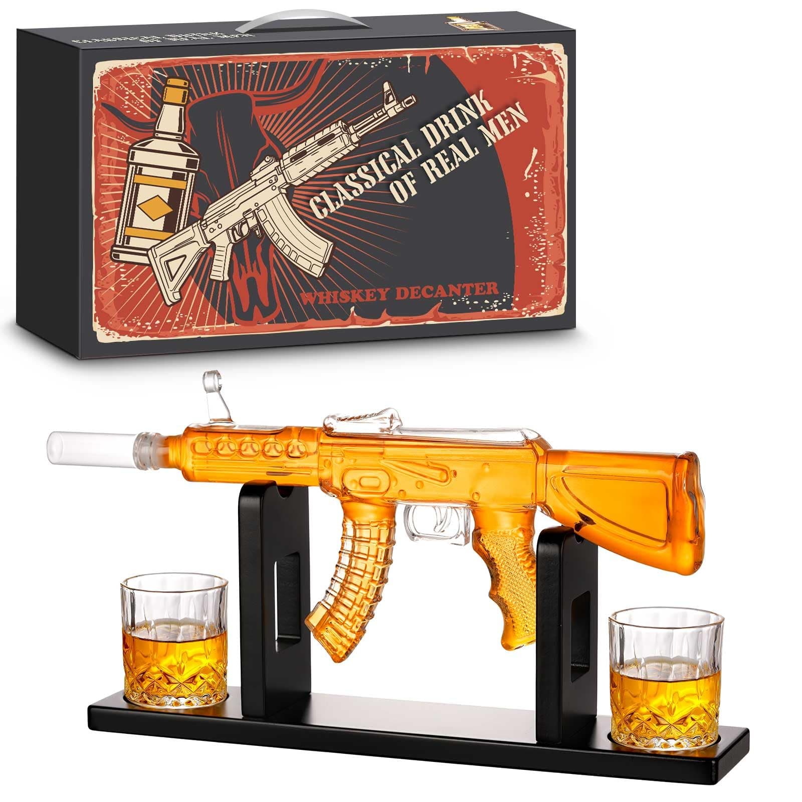 Whiskey Decanter AK47 Set with 2 Whiskey Glasses, Gifts for Men Dad Fathers Day, Unique Anniversary Birthday Gift for Him Husband, Cool Personalized Presents liquor dispenser for Home Bar (12 Oz)