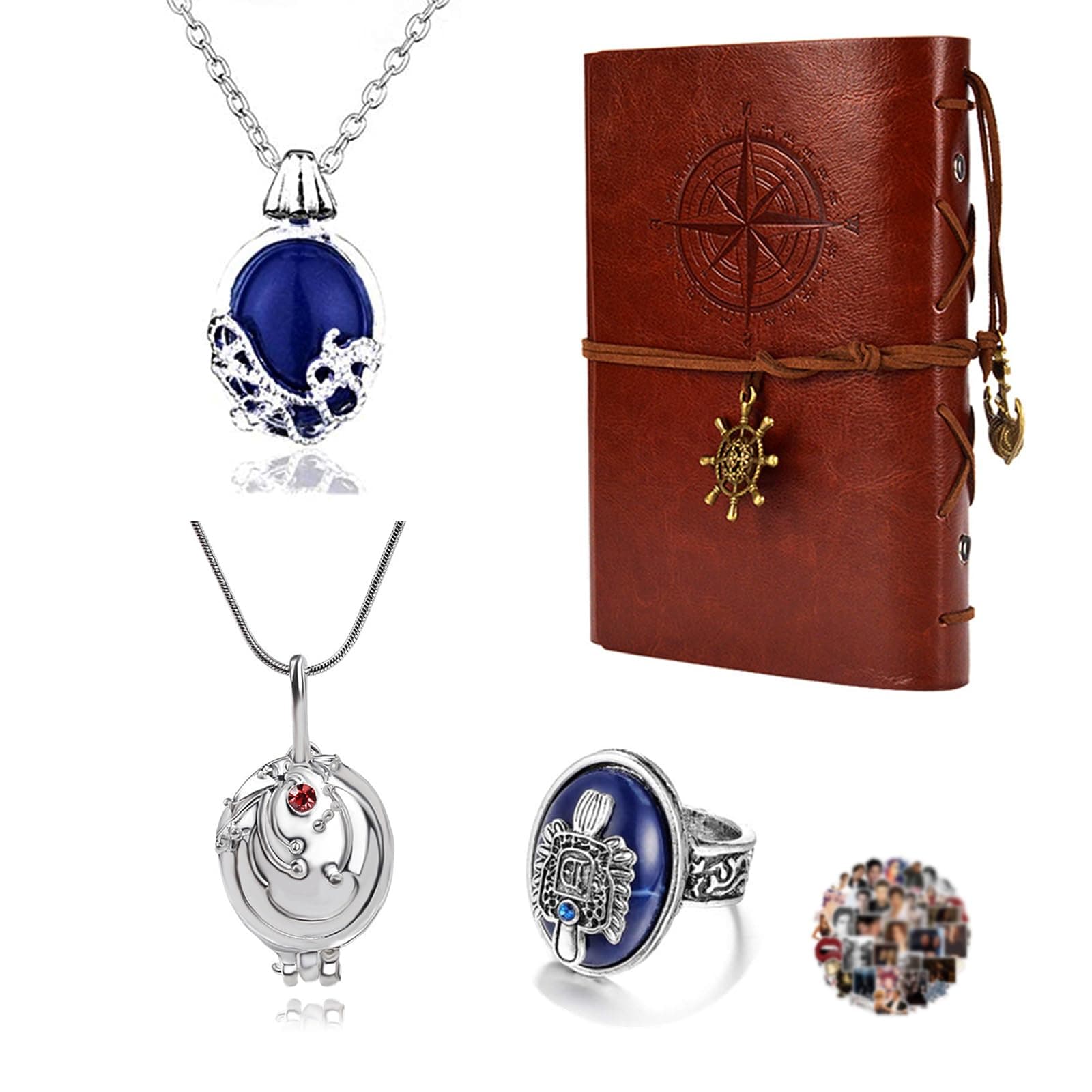 YouU 24 pcs The Vampire Diaries Jewelry Set Vintage Leather Writing Journal Notebook Daywalking Katherine Sapphire Crystal Pendant Necklaces Damon's Ring Movie Stickers