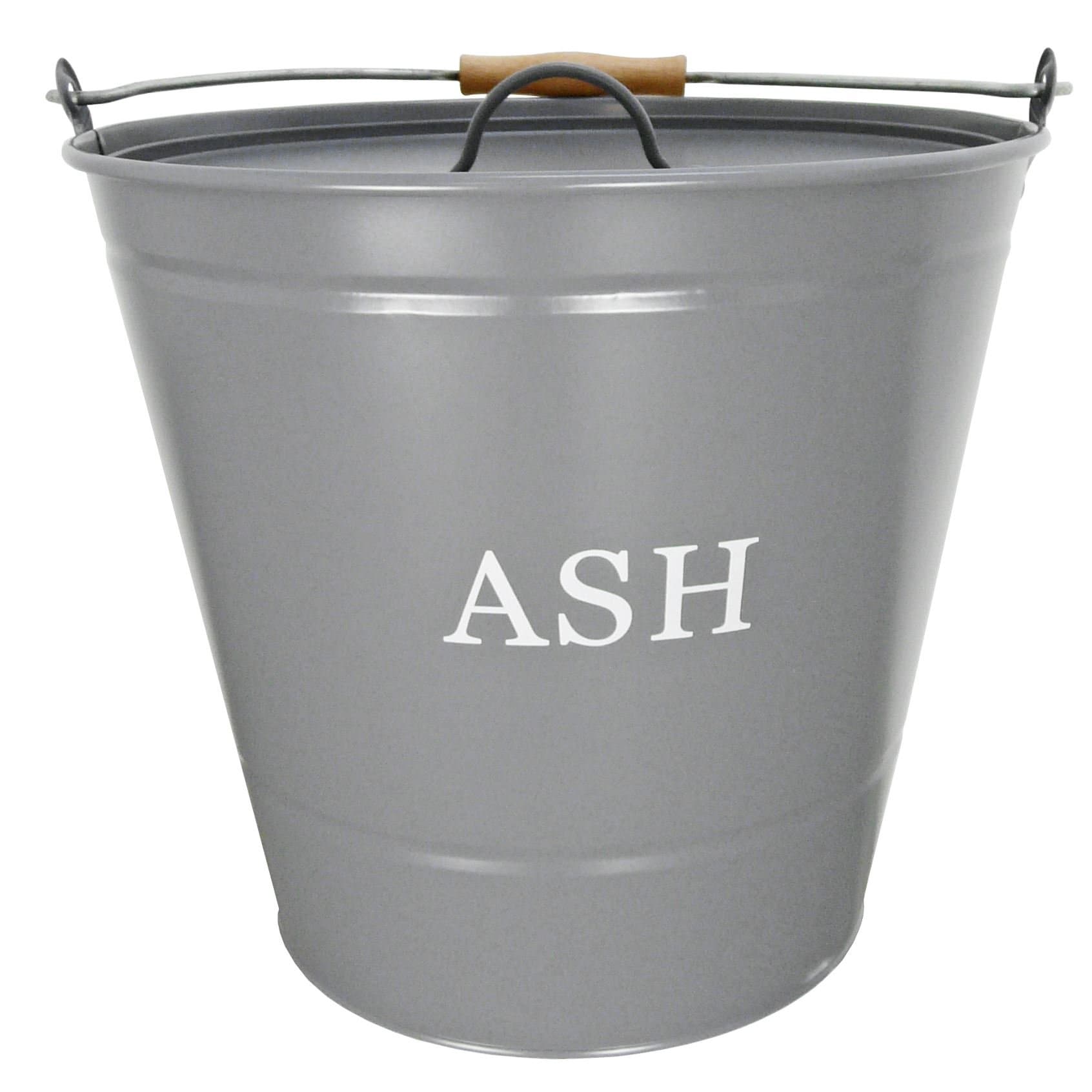 Traditional Metal Ash Storage Bucket with Wooden Handle - Grey Finish and Cream Writing