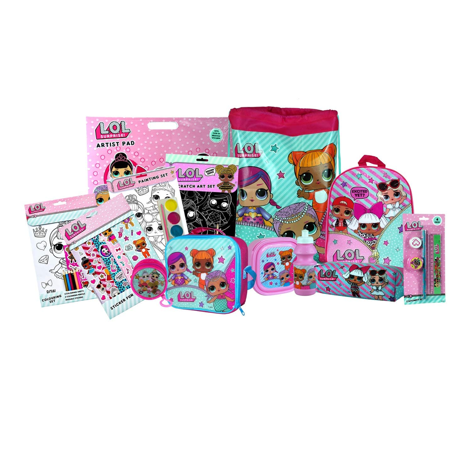 L.O.L Surprise MEGA Activity & Back to School Bundle - Backpack, Drawstring Sports Bag, Insulated Lunch Bag, Sandwich Box, Water Bottle, Coin Pouch, Pencil Case, Stationery Set & Art Set.