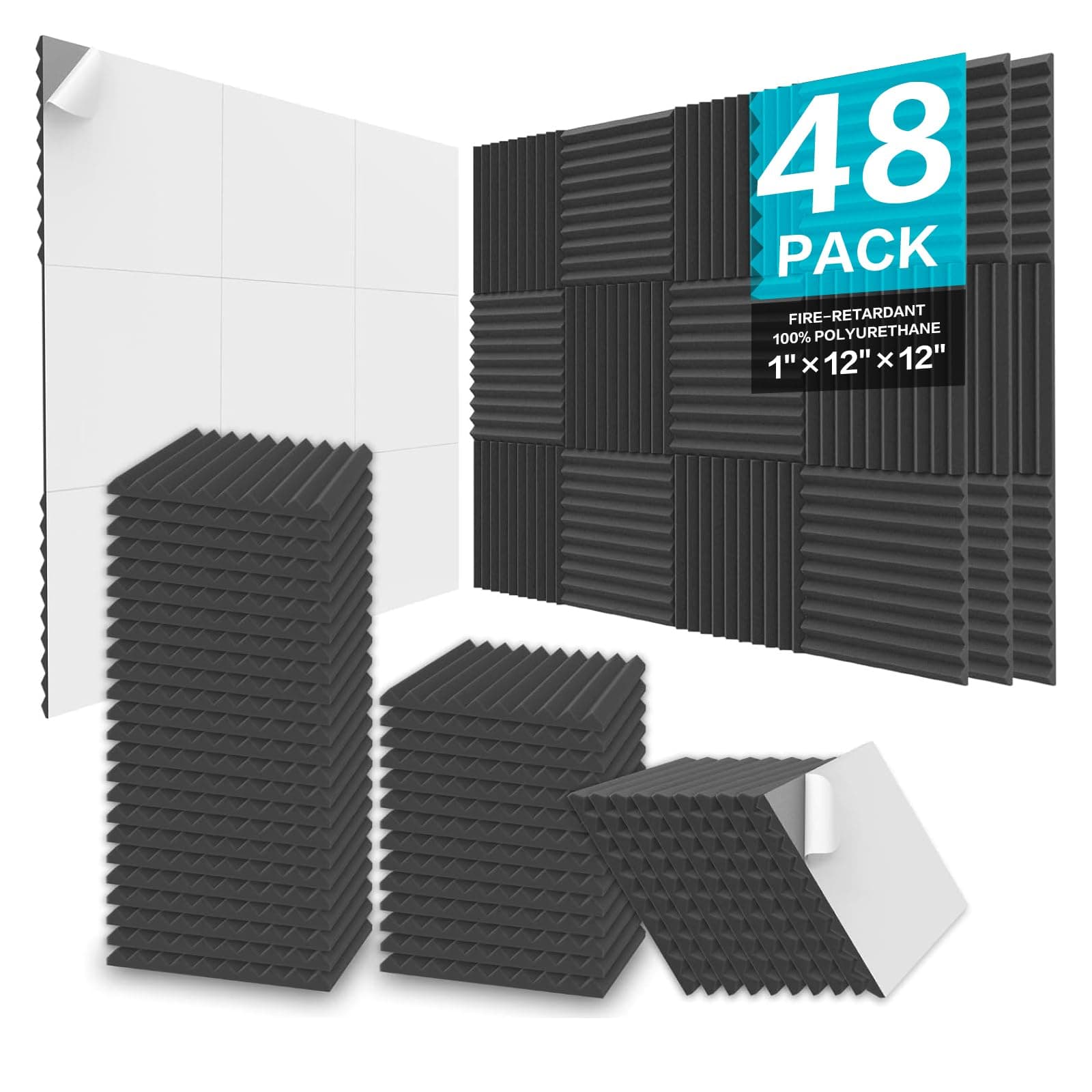 Acoustic Foam Panels, 48 Pack 12x12x1 Inch Upgraded Self-Adhesive Soundproof Wall Panels Sound Absorbing Panel Treatment for Home Office Studio - Black
