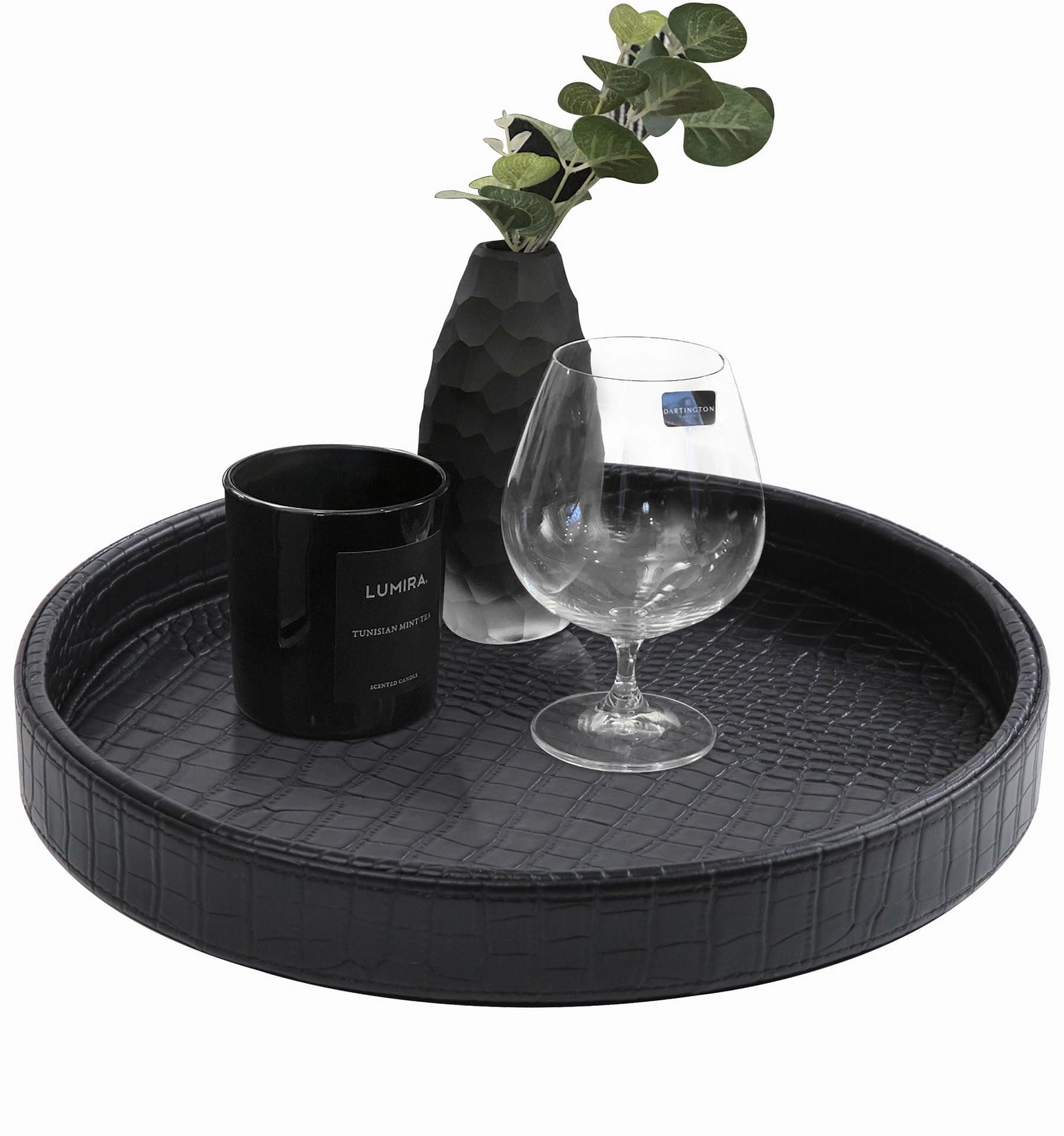 HofferRuffer Faux Leather Round Serving Tray, Vegan Croco Leather Decorative Tray, Food Tray for Storage Drinks, Snack & Cosmetics, Dia.12'' x 1.6'' (Black)