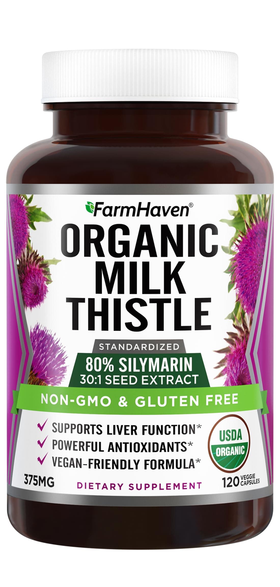 FarmHaven USDA Organic Milk Thistle Capsules |30X Concentrated Seed Extract & 80% Silymarin Standardized - Supports Liver Function and Overall Health | Non-GMO | 120 Veggie Capsules