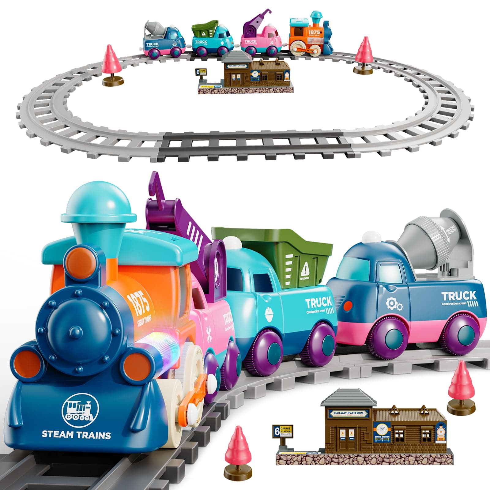 Train Set for Toddlers, Magnetic Train Toys for Toddlers 3+, 4pcs Trucks Toy Train for Boys and Girls, Birthday Christmas Toy Gifts for 3 4 5 6 7 8 Years Old