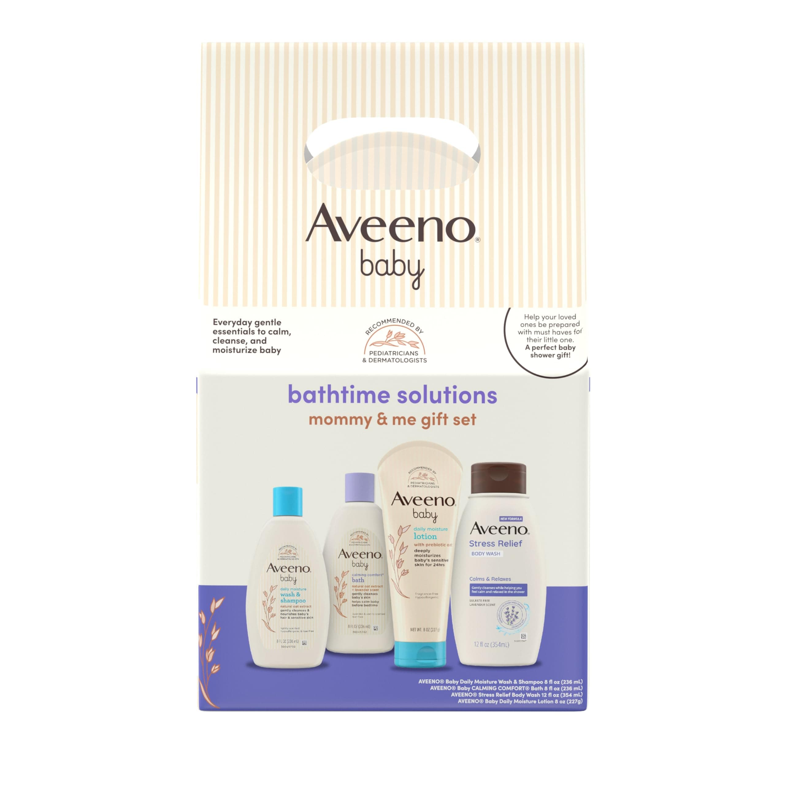 Aveeno Baby Mommy & Me Daily Bathtime Gift Set including Baby Wash & Shampoo, Calming Baby Bath & Wash, Baby Moisturizing Lotion & Stress Relief Body Wash for Mom, Soap-Free, 4 items