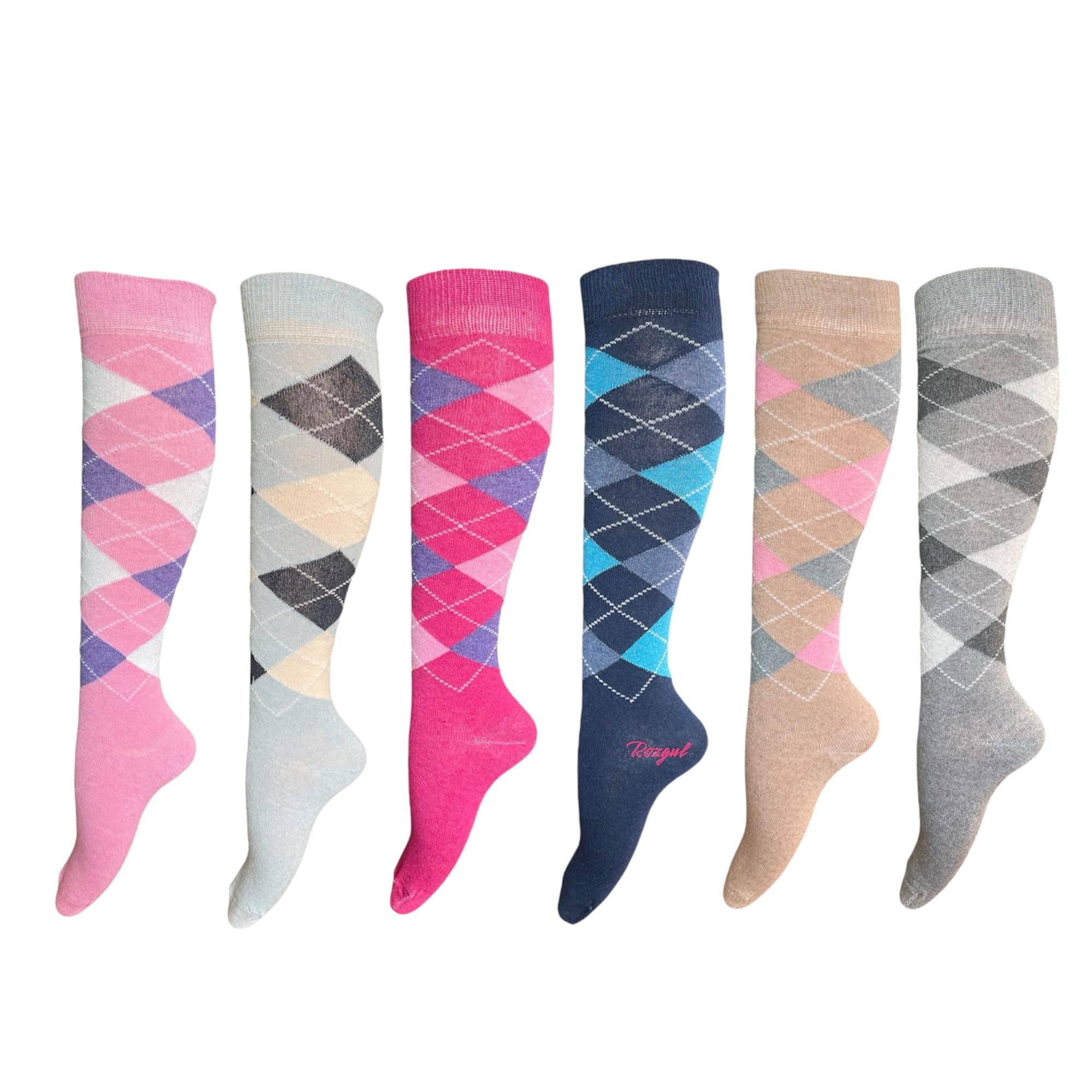 6 Pairs Women's/Ladies knee High Argyle Pattern Pink Design Equestrian Riding Boot Socks,Christmas socks Uk Size 4-7