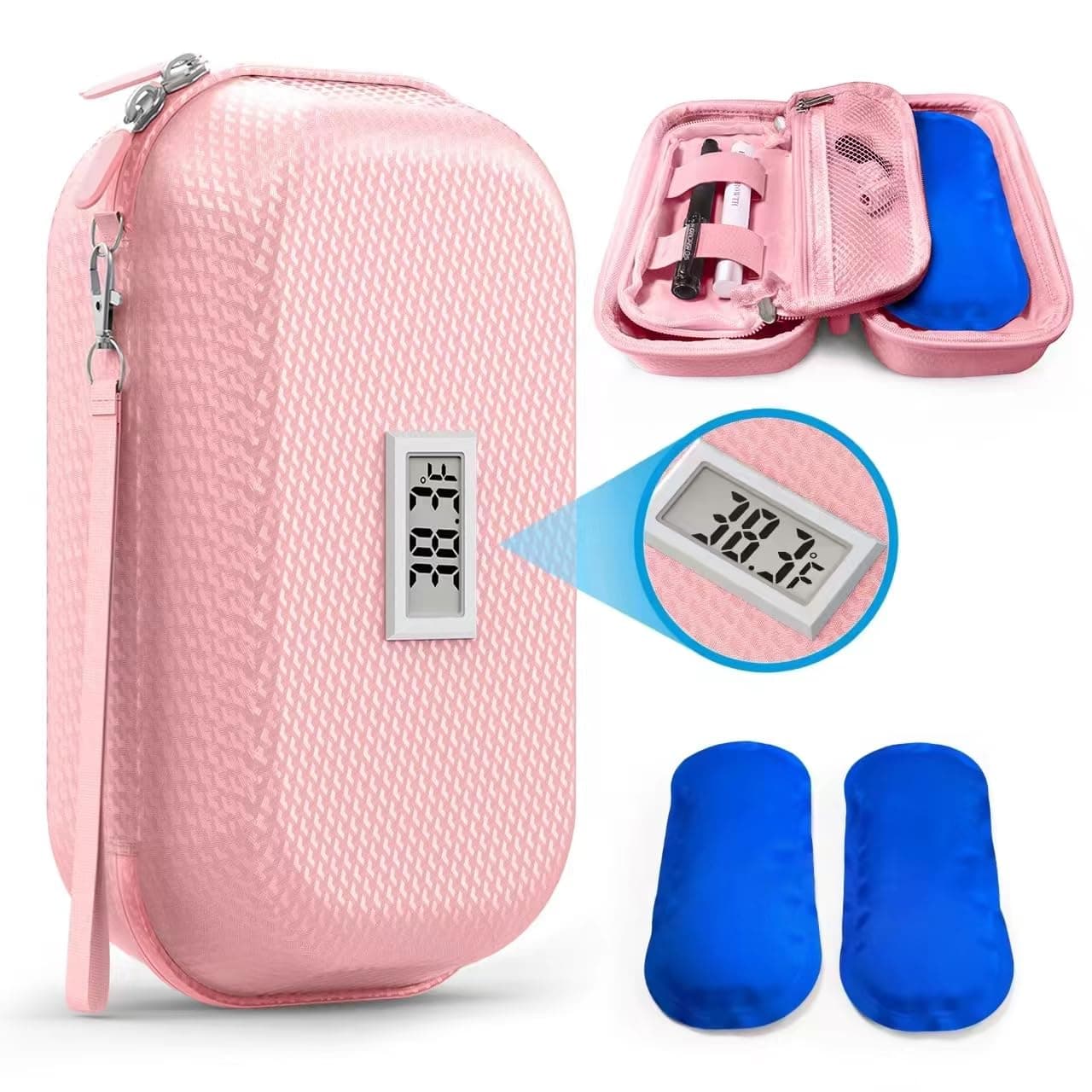 24h Insulin Cooler Travel Case TSA Approved, Refrigerated Medicine Travel Case with Temperature Display, Diabetes Travel Case with Wrist Strap & 2 Reusable Ice Packs, Gift for Daily and Trip