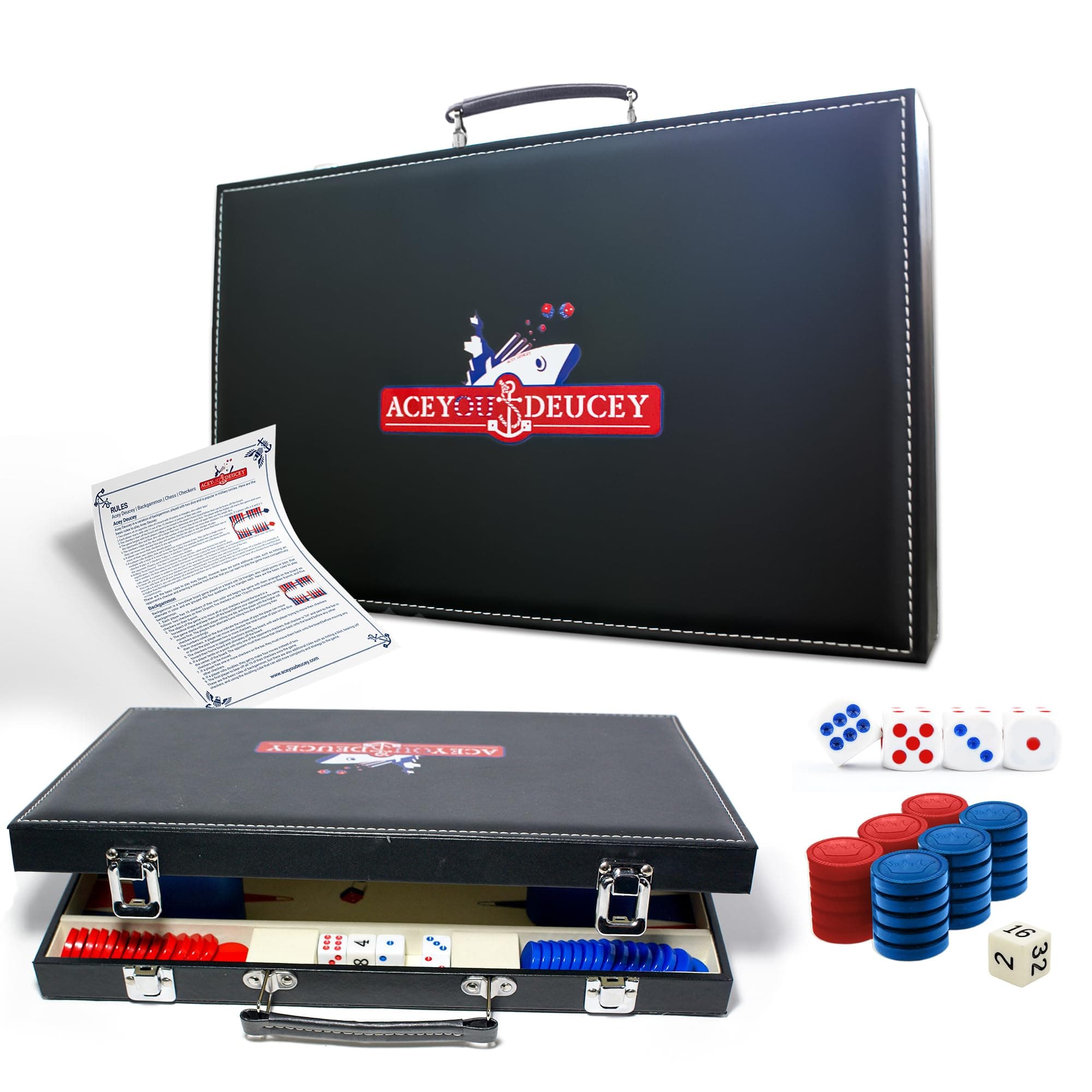 Backgammon Sets for Adults -15 Inch Medium, Faux Leather Travel Backgammon Board with Special Dice, 2 in 1 Backgammon & Acey Deucey Game for Kids & Adults- Ideal for Gift and Family Fun