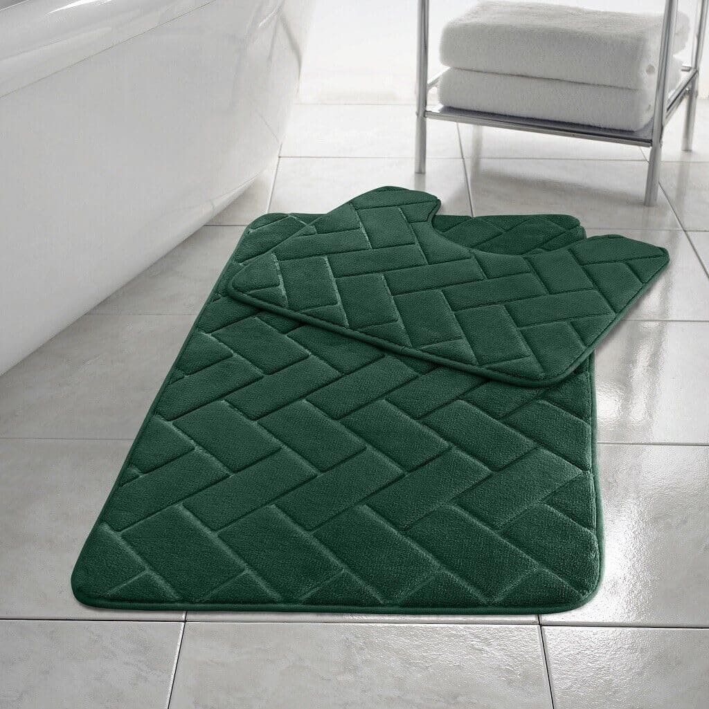 PARADISE STAR Block Memory Foam Bath Mat Extra Absorbent, Soft & Comfortable, Non Slip Bathroom Rug and Pedestal Bath Mat Set COLOUR GREEN