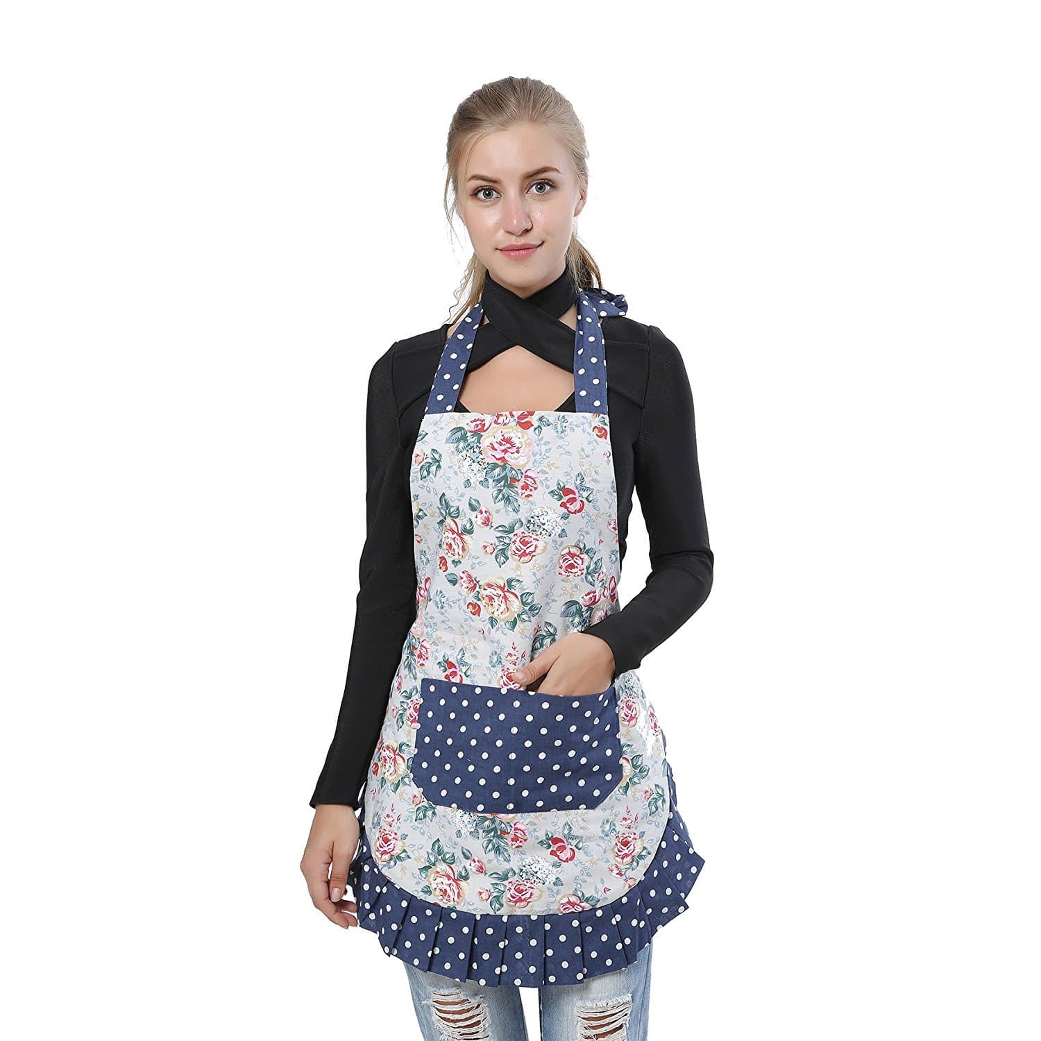 Leeotia Cotton Fabric Flirty Women's Apron with Big Pocket in Front Used for Home Baking or Kitchen Cooking (White Style-1)