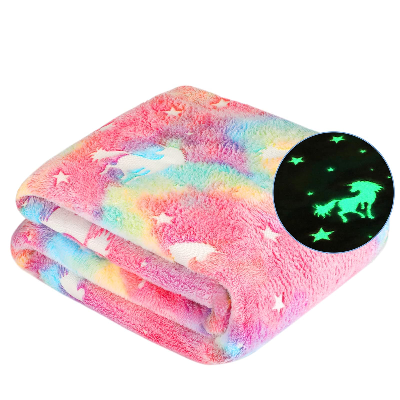 Glow in The Dark Blanket Unicorn Gifts for Kids Girls Teen Birthday Christmas Halloween Present Light Up Rainbow Unicorn Bedroom Bed Decor Fun Soft Fluffy Plush Glowing Throw Pink 50"x60"