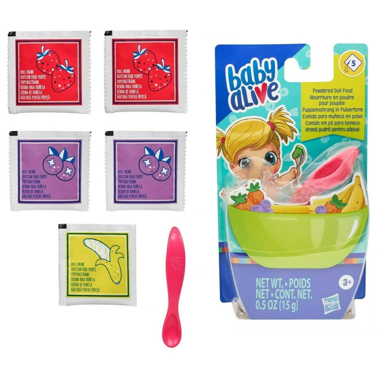 Powdered Doll Food Refill, Includes 5 Doll-Food Packets, 1 Spoon, Toy Accessories for Children Aged 3 Years and Up