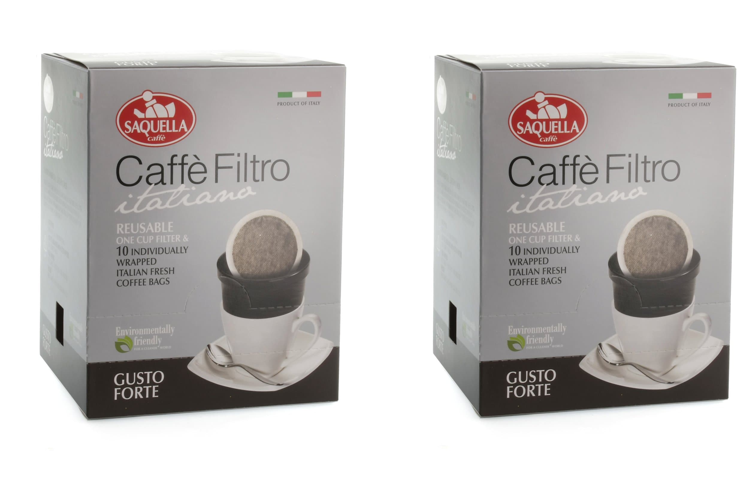 Saquella Caffe Filtro Italiano Gusto Forte Reusable One Cup Filter and 10 Coffee Bags x 2 Packs