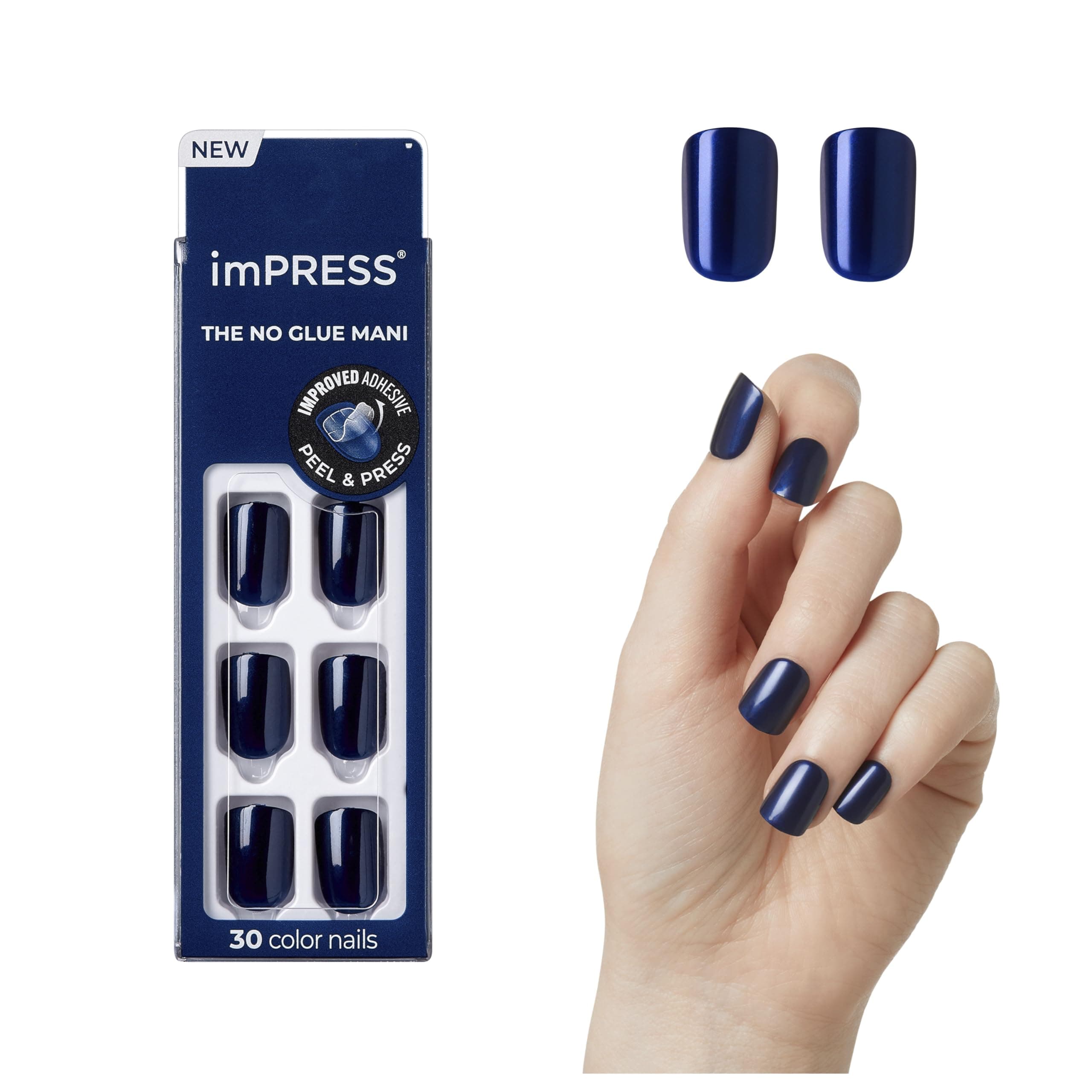imPRESS KISS Color Press-On Nails, Nail Kit, PureFit Technology, Short Length, “Never Too Navy”, Polish-Free Solid Color Manicure, Includes Prep Pad, Mini Nail File, Cuticle Stick, and 30 Fake Nails