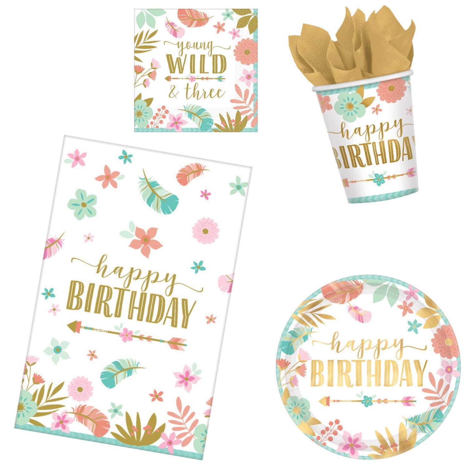 BOHO 3rd Birthday Party Supplies Pack for 16 Guests | Girl Young Wild and Three Theme (Basic ParteePak)