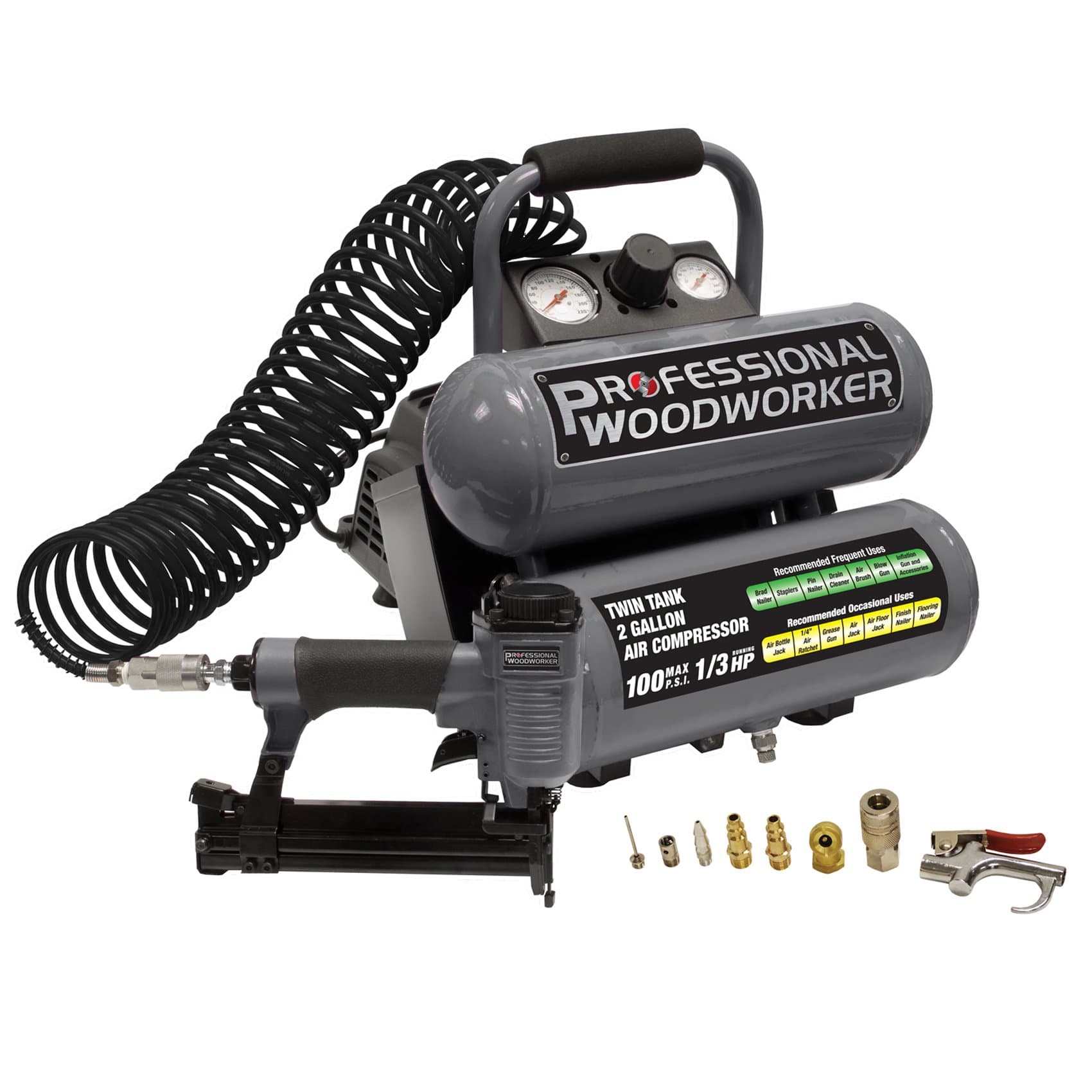 Professional Woodworker 8682 18 Gauge Brad Nailer with 2 Gallon Twin Stack Compressor Combo Kit by Professional Woodworker