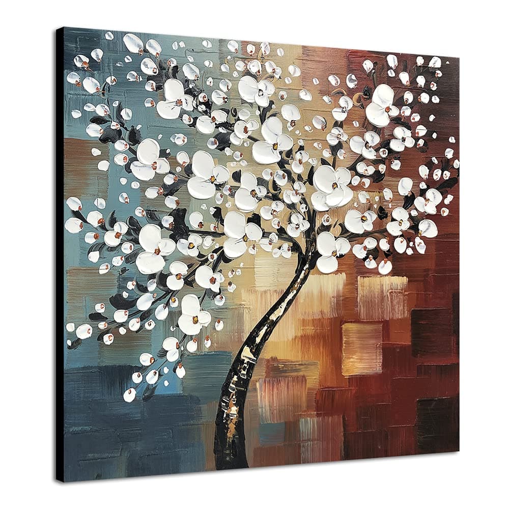 Wieco Art Morning Glory Modern Abstract White Flowers 100% Hand-painted Oil Paintings Floral Artwork on Canvas Wall Art for Home Office Decorations Wall Decor