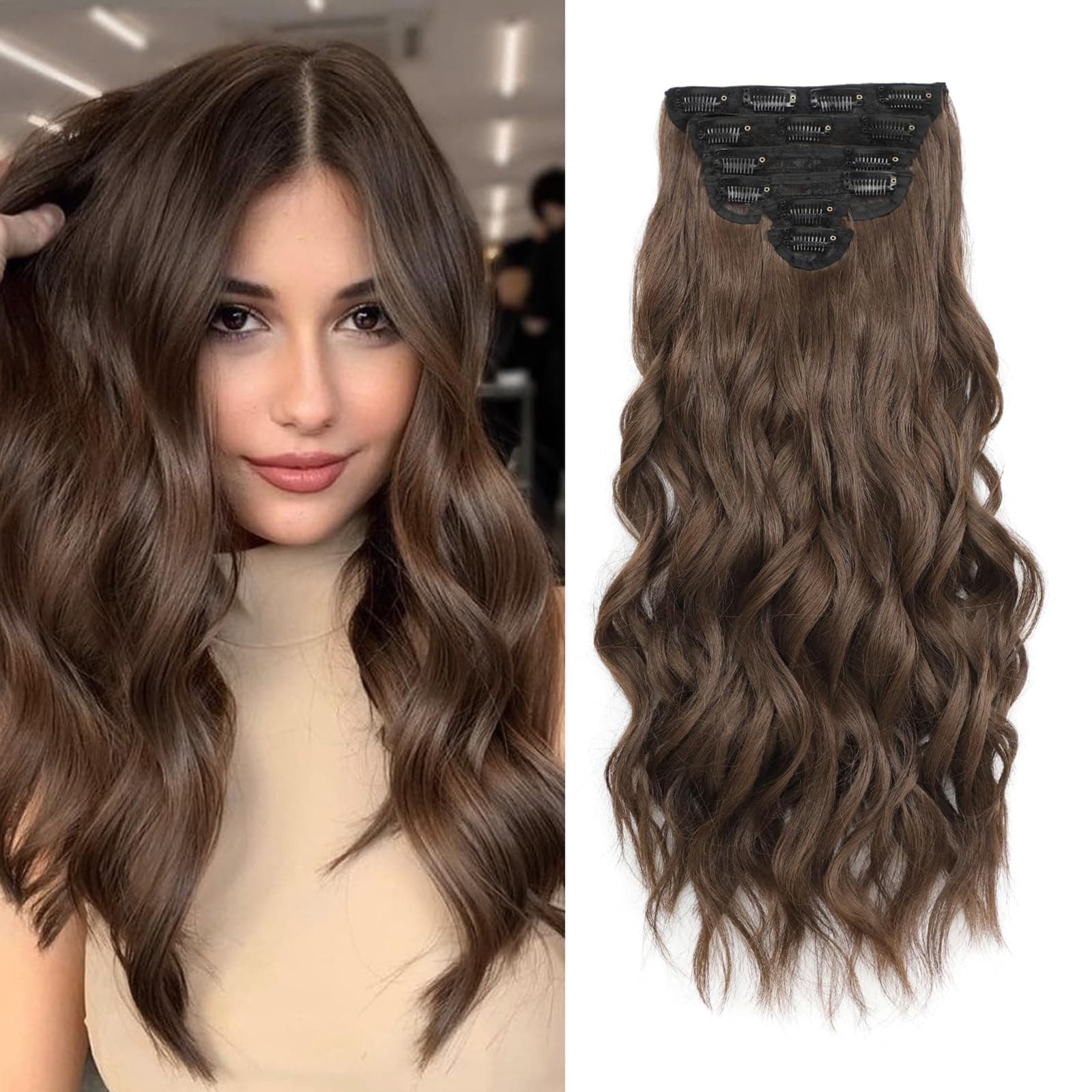 Clip in Hair Extensions, 6 PCS Light Brown Extensions, Wavy Hair Extensions, Natural & Soft Hair & Blends Well, Chocolate Brown Long Wavy Hairpieces(20inch, 6pcs, Chocolate Brown)