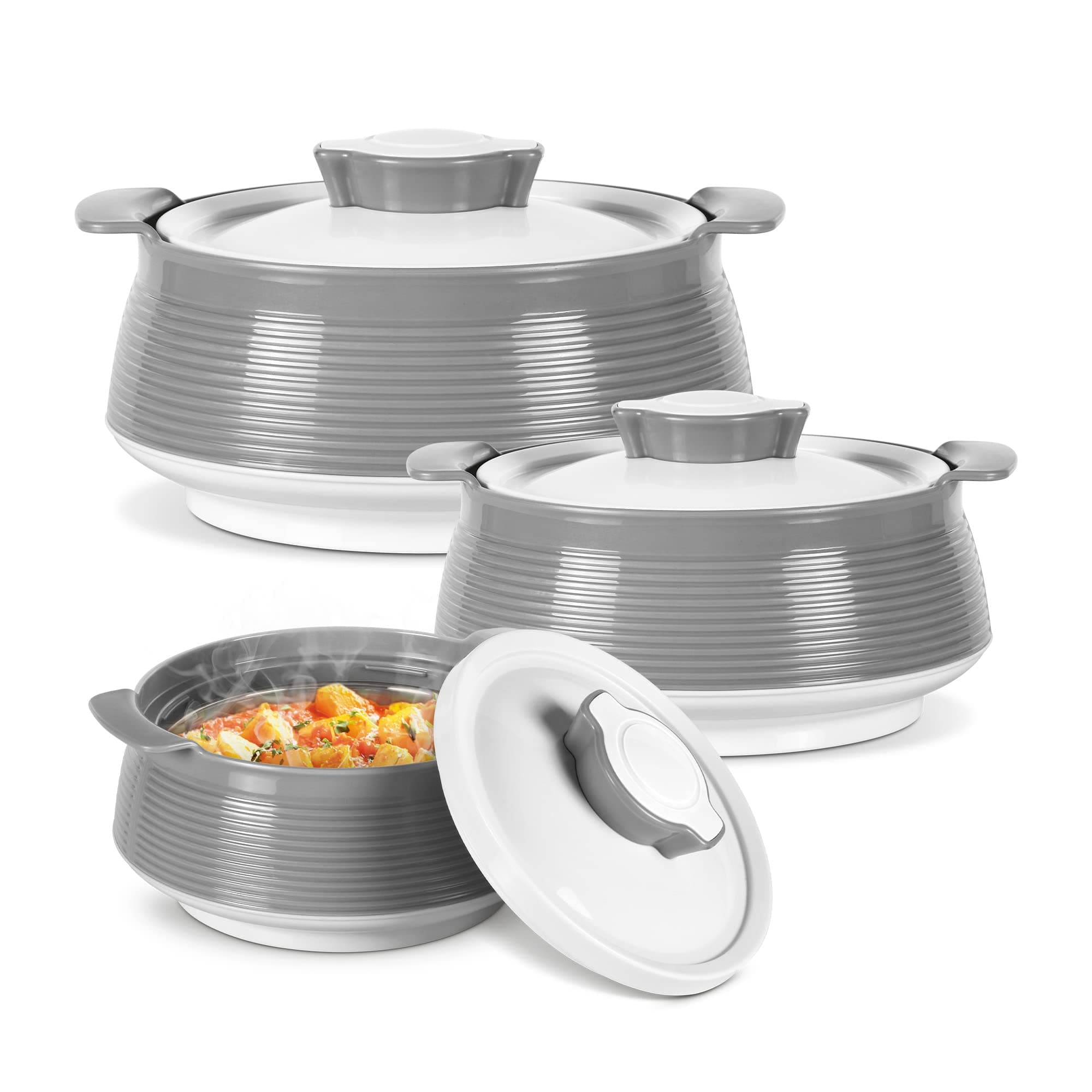 Milton Inner Stainless Steel Casserole Hot Pot Set of 3 (850ml, 1.35 Litre and 1.85 Litre) – Serving Bowls with Lids for Hot Food, PU Insulated Design Keeps Food Warm for Hours, Venice Regular, Grey