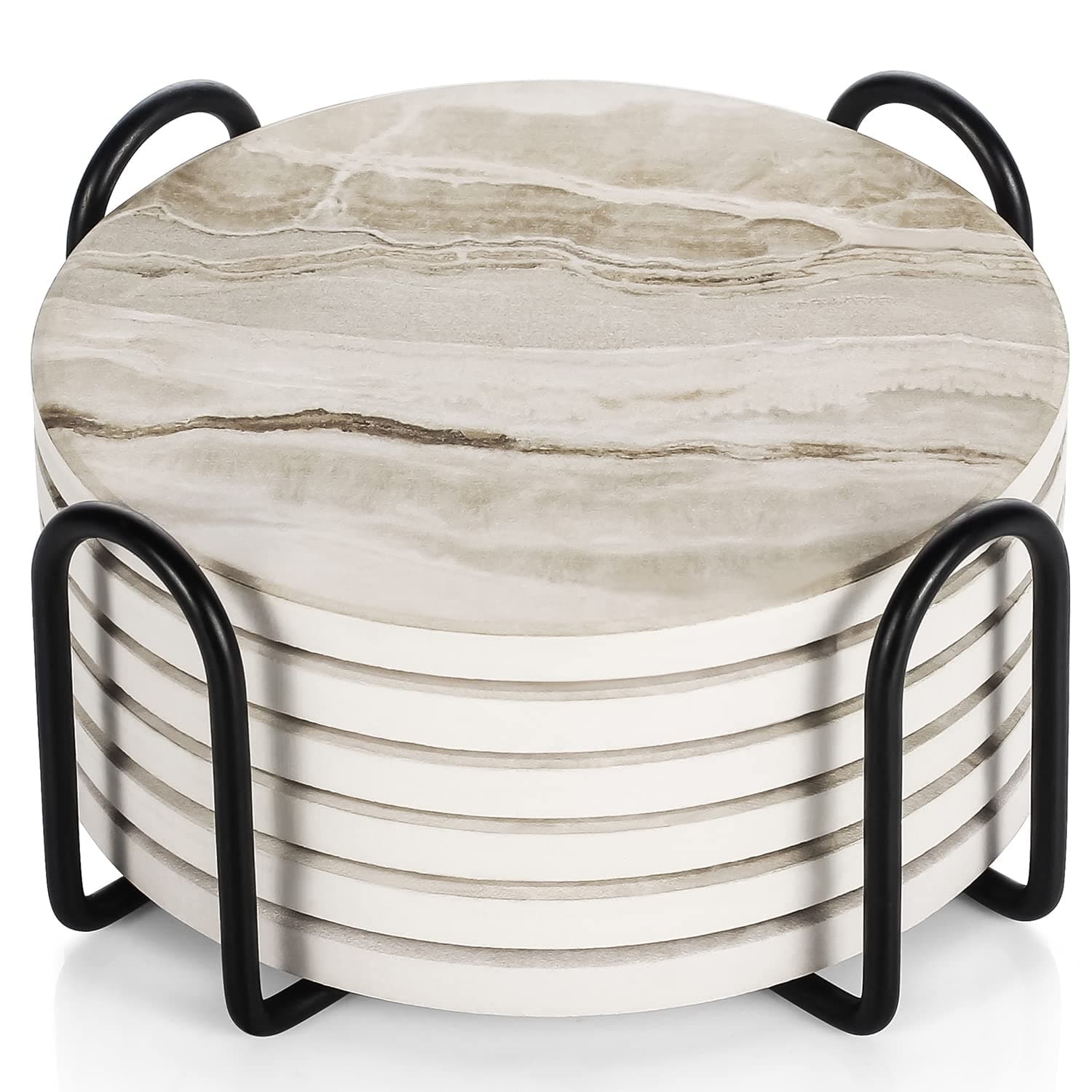 LIFVER Coasters Set of 6 - Marble Ceramic With Holder and Cork Base for Women Men, Various Cups, Tables & Home Decor, 4''