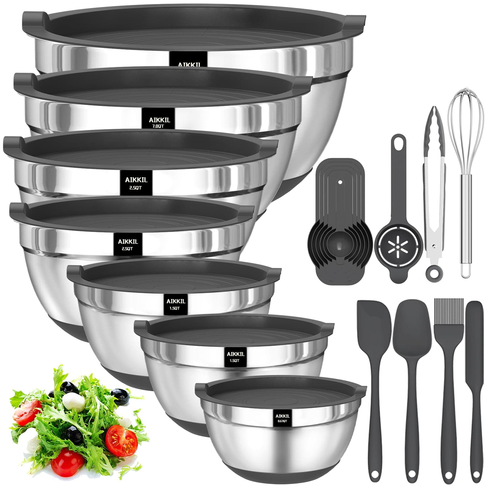 Mixing Bowls with Airtight Lids, 20 piece Stainless Steel Metal Nesting Bowls, Non-Slip Silicone Bottom, Size 7, 3.5, 2.5, 2.0,1.5, 1,0.67QT Great for Mixing, Baking, Serving (Grey)