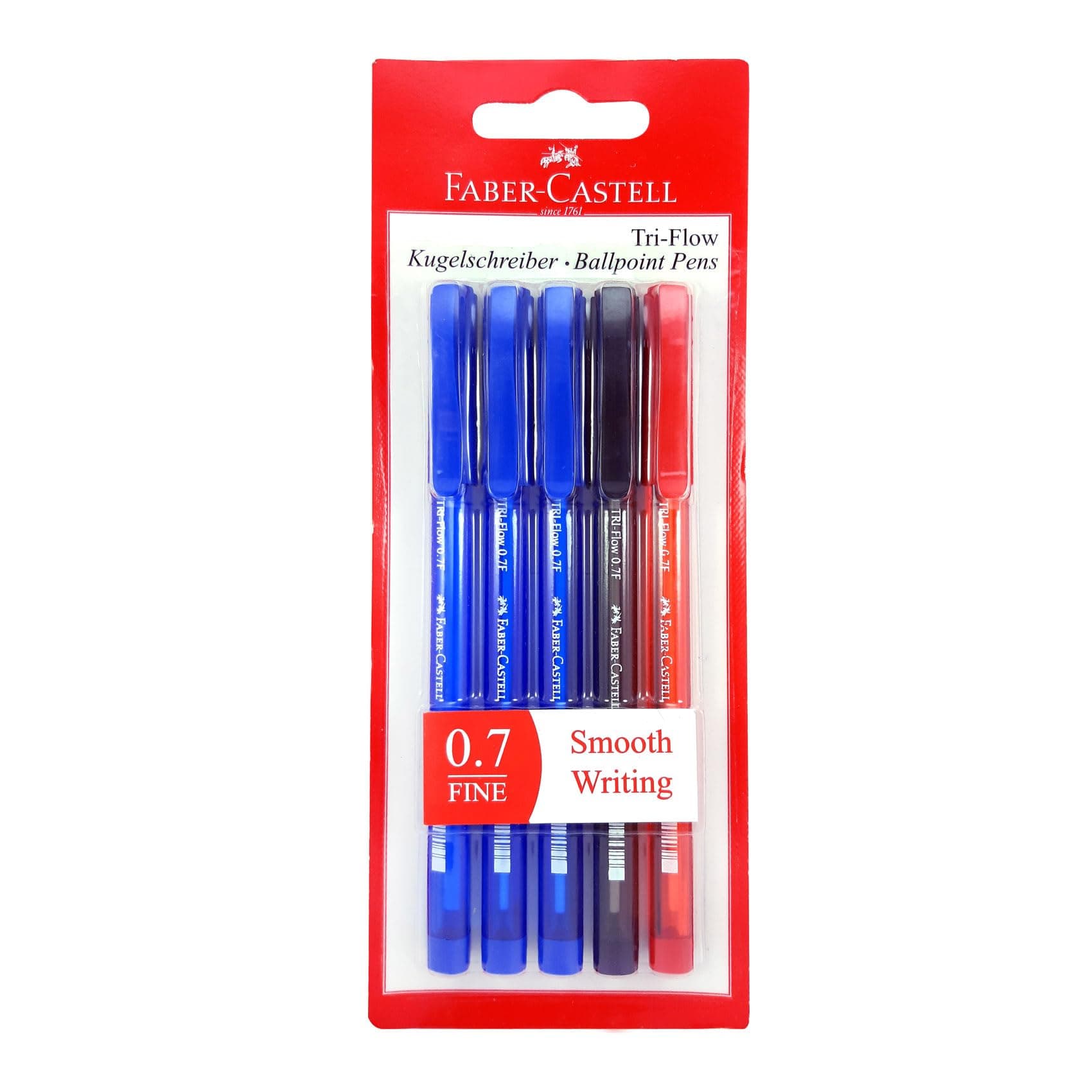 TRI-FLOW BALL PEN 0.7MM BLISTER OF 5PC ASSORTED (3 BLUE + 1 BLACK RED)