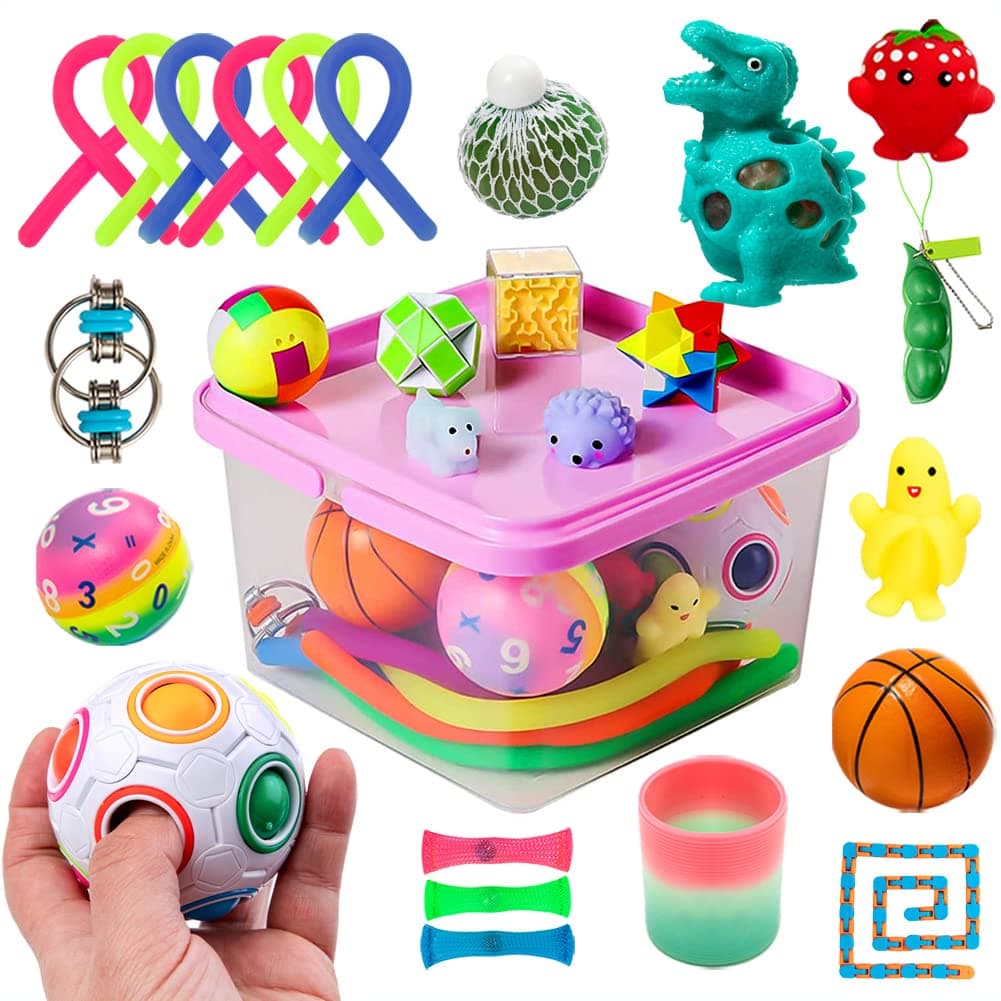 Sensory Fidget Toys Set, 27pcs Stress Relief and Anti-Anxiety Tools Bundle for Kids and Adults, Marble and Mesh, Pack of Squeeze Balls, Soybean Squeeze, Flippy Chain
