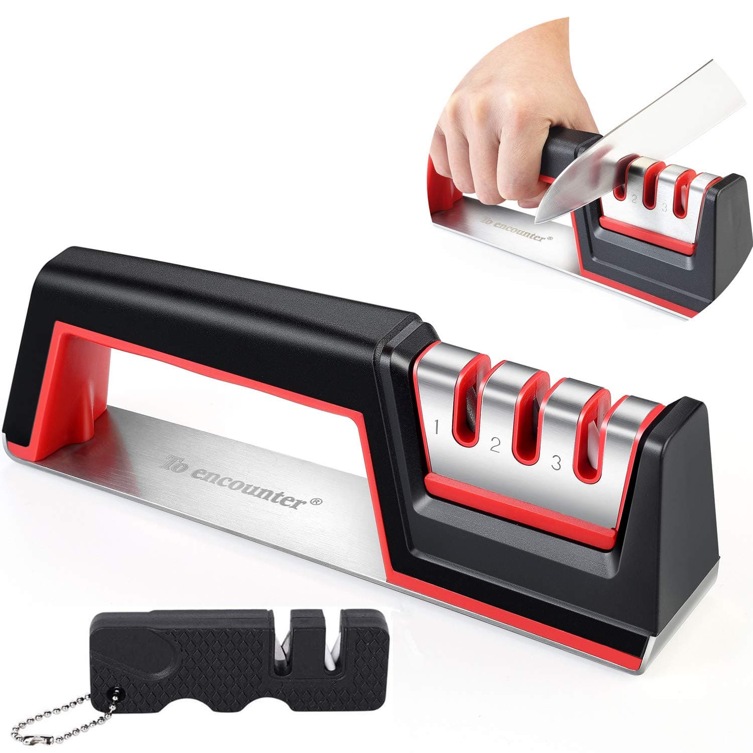 To encounter Knife Sharpener Professional 3-Stage Kitchen Knife Sharpening Tool - Restore and Polish Blades Quickly, 2-Stage Mini Outdoor Pocket Sharpener Included