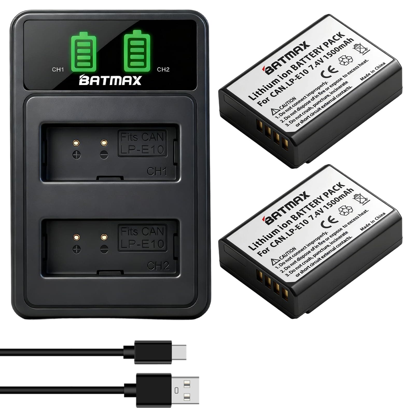 Batmax 2 Packs LP-E10 LP E10 Battery + LED Dual USB Charger with Type C Port for Canon EOS Rebel T3 T5 T6 T7, T100, EOS 4000D 2000D 1500D 1300D 1200D 1100D, Kiss X50 X70 X80 X90 Cameras