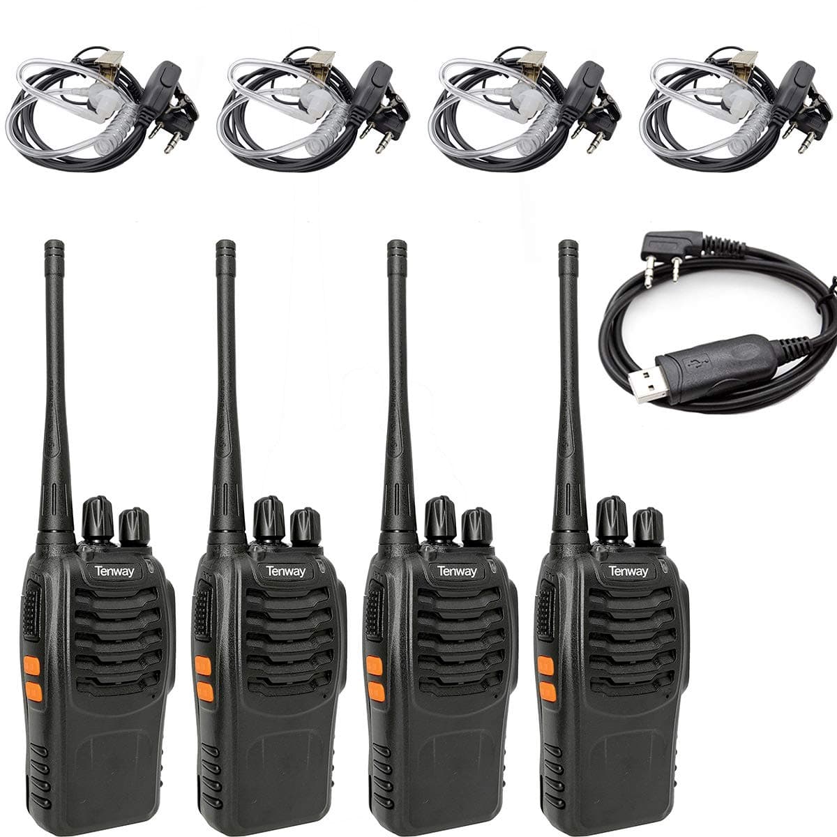 Walkie Talkie 4 Pack Rechargeable Long Range 16 CH Two Way Radio and Covert Air Acoustic Tube Earpiece and USB Programming Cable