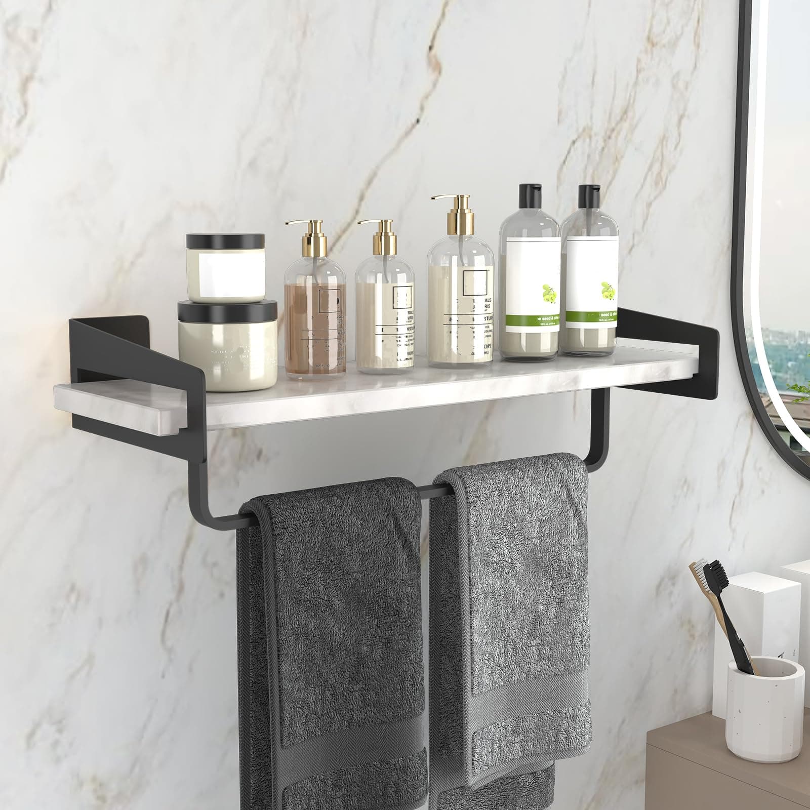Marble Bathroom Shelf with Towel Bar, 16" Metal Modern Floating Shelf Wall Mount for Bathroom Wall Shelf(Black)