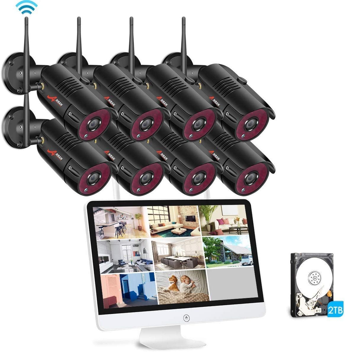 SWINWAY Wireless CCTV Camera System with 8CH 15.6 Inch LCD Monitor, 8pcs 1080P Outdoor Weatherproof HD Bullet Camera, Plug & Play, Night Vision, Easy Remote Access,with 2TB HDD