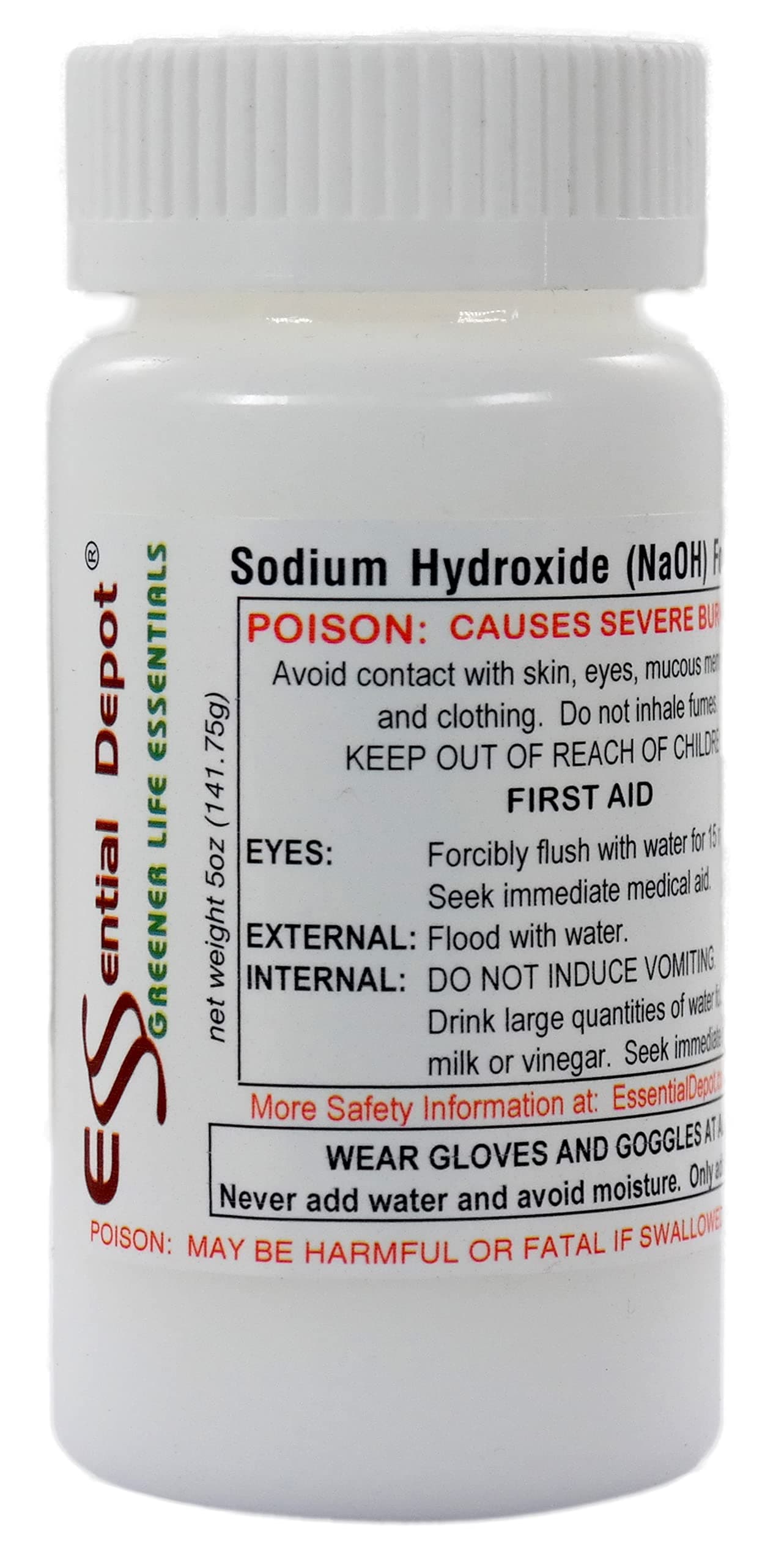 Essential Depot 5 oz Food Grade Sodium Hydroxide Lye Evenly-Sized Micro Pels (Beads or Particles) - 5 oz Bottle - Lye Drain Cleaner - HDPE Container with Resealable Child Resistant Cap and Handle