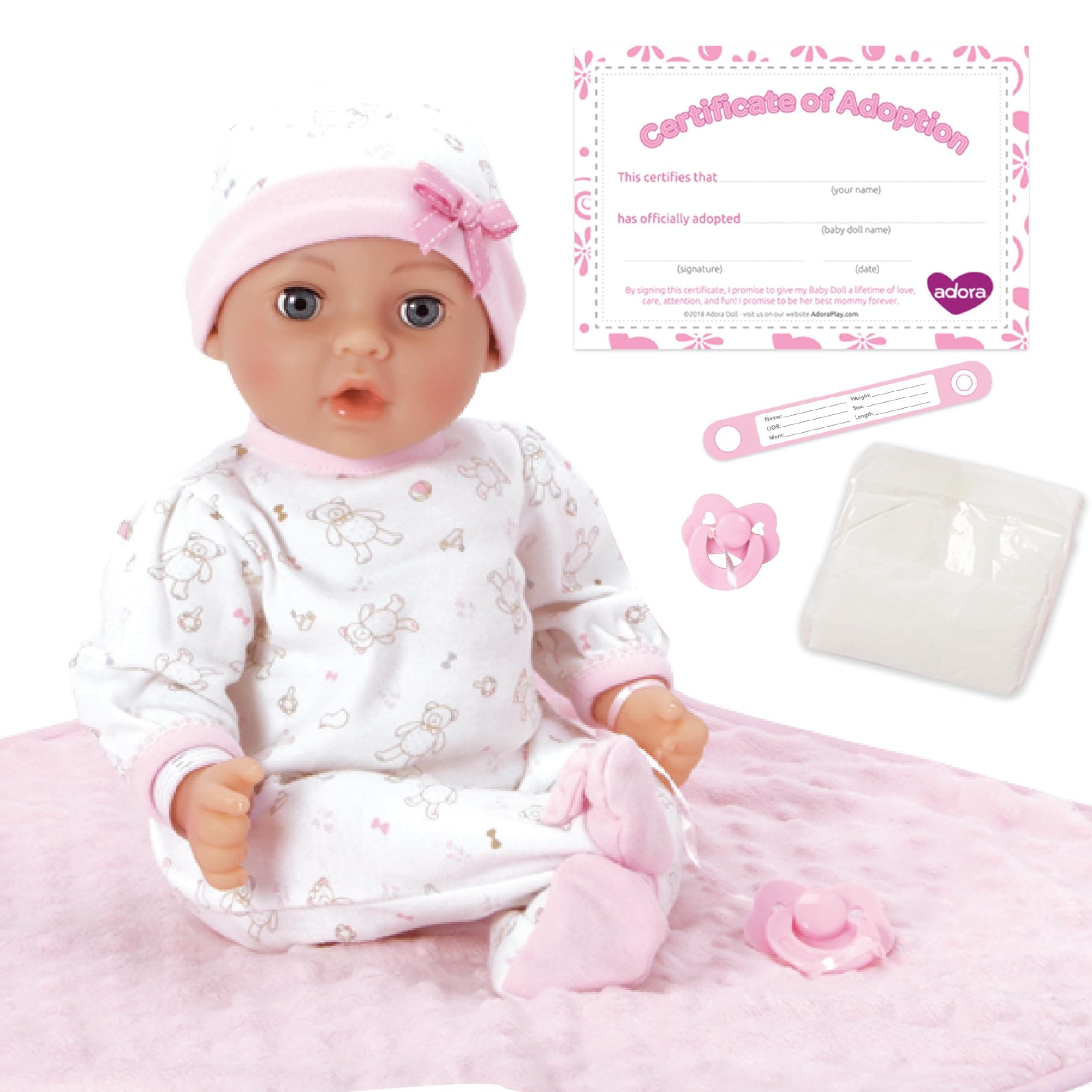 Adora 16 Inch Girl Baby Doll with Accessories Pink Matching 9-Piece Set Including a Pacifier, Hospital, Bracelet, Diaper, and More Gift for Toddlers Ages 3+ Adoption Babies Collection - Hope