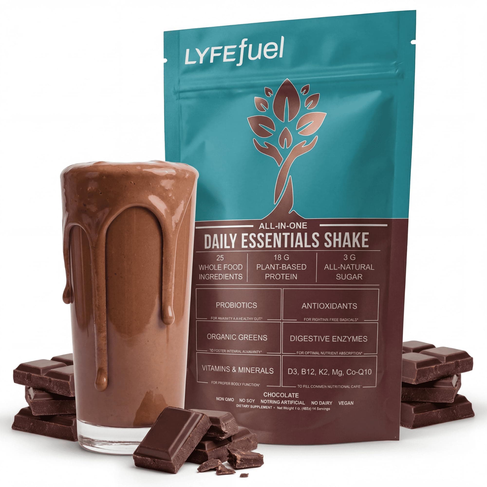 LyfeFuel Essentials Nutrition Shake | Plant Based Protein Powder Meal Replacement, 18g Plant Protein, 50+ Superfoods, 27 Vitamins & Minerals, Low Carb, Soy-Free & Gluten-Free | 24 Servings | Chocolate
