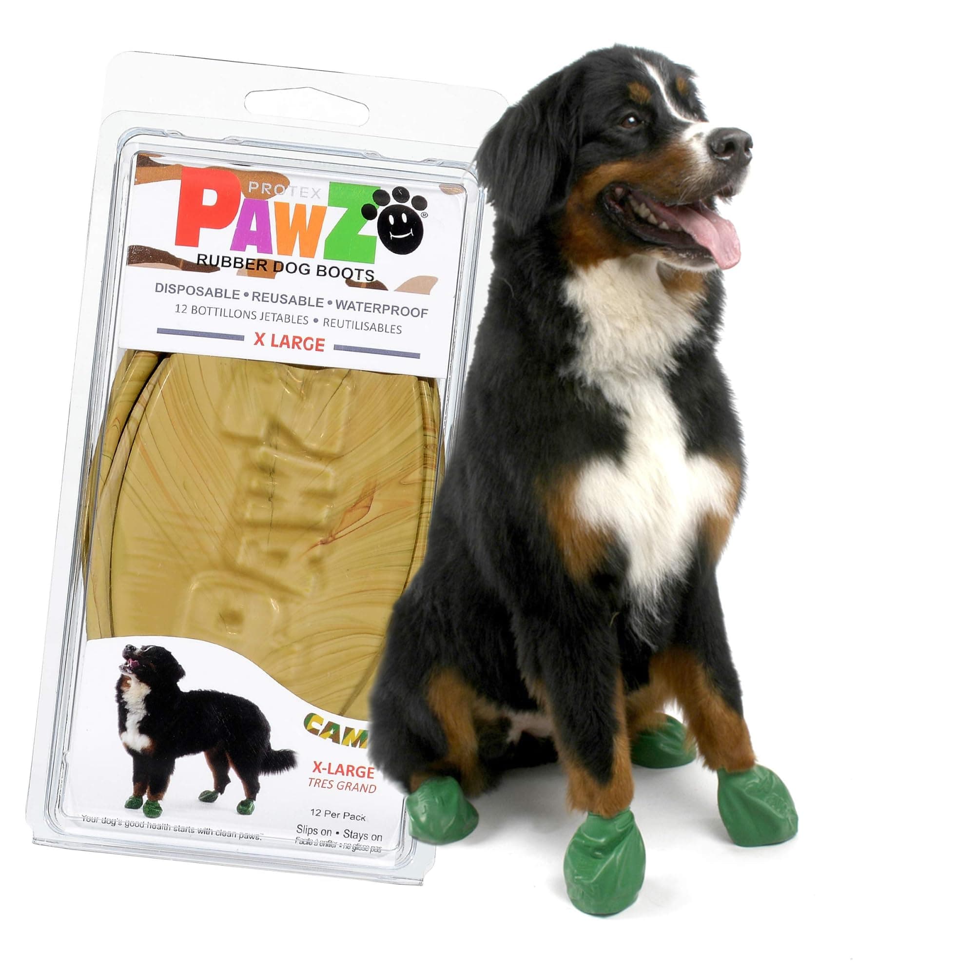 PawZ Rubber Dog Boots for Paws 4" and Up, 12 Pack - All-Weather Dog Booties for Hot Pavement, Snow, Mud, and Rain - Waterproof, Anti Slip Dog Socks - X-Large, Camo